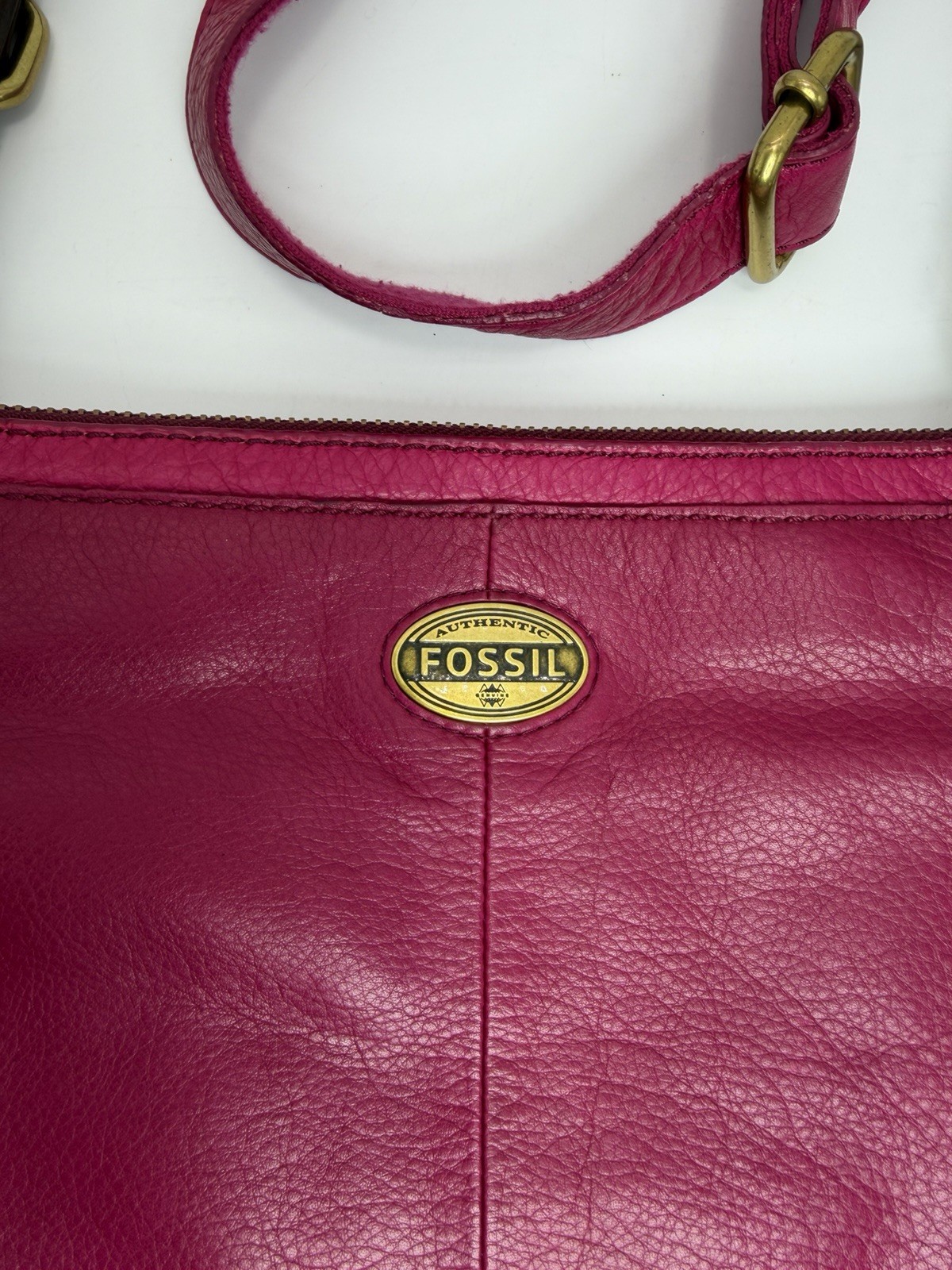 Fossil Explorer Triple Zip Crossbody Bag In Magenta Pink Leather Brass Hardware