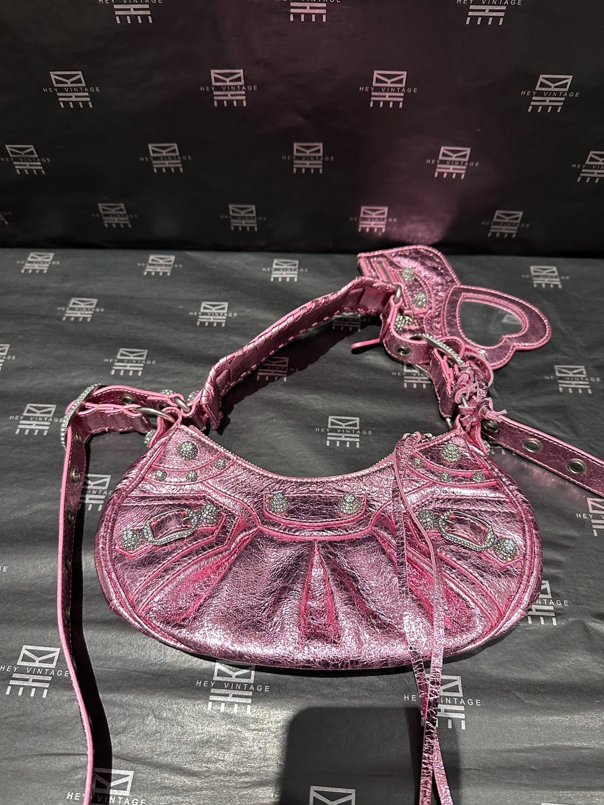 Auth BALENCIAGA Le Cagole Mini Shoulder Bag Pink Metallic Crossbody Bag