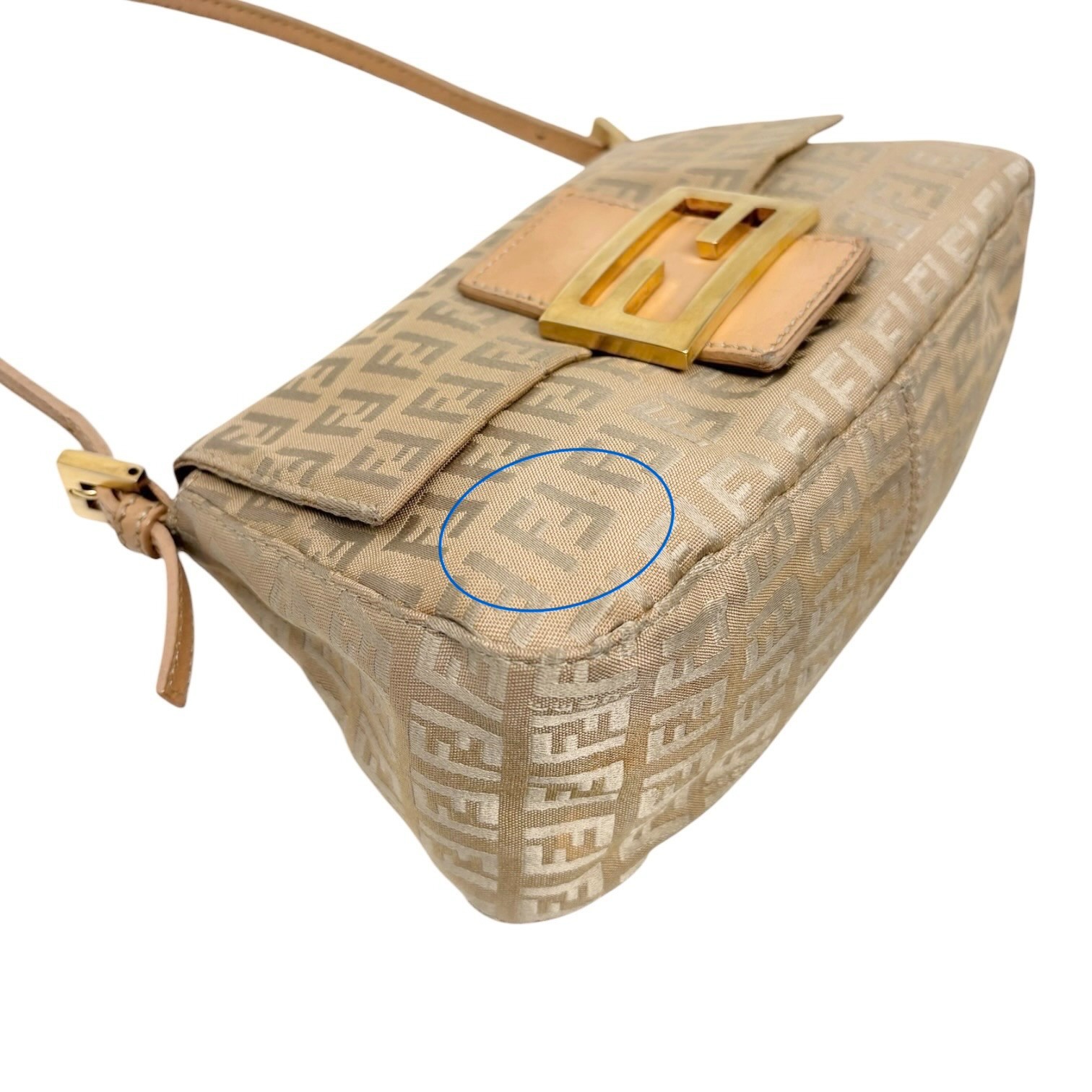 FENDI Vintage FF Logo Zucchino Mamma Baguette Shoulder Bag Beige Gold