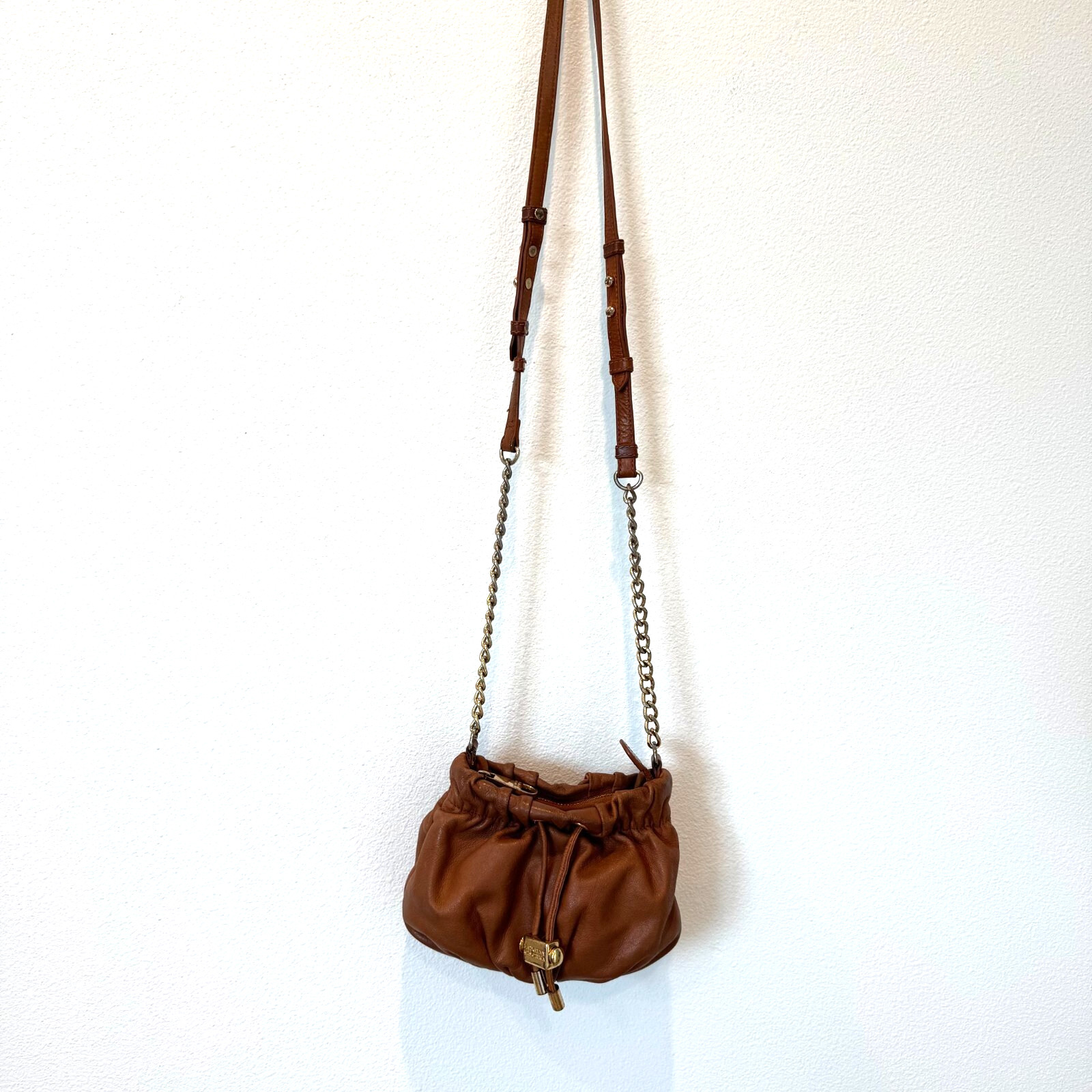 Badgley Mischka Caramel Brown Leather Mini Bucket Bag Crossbody Purse