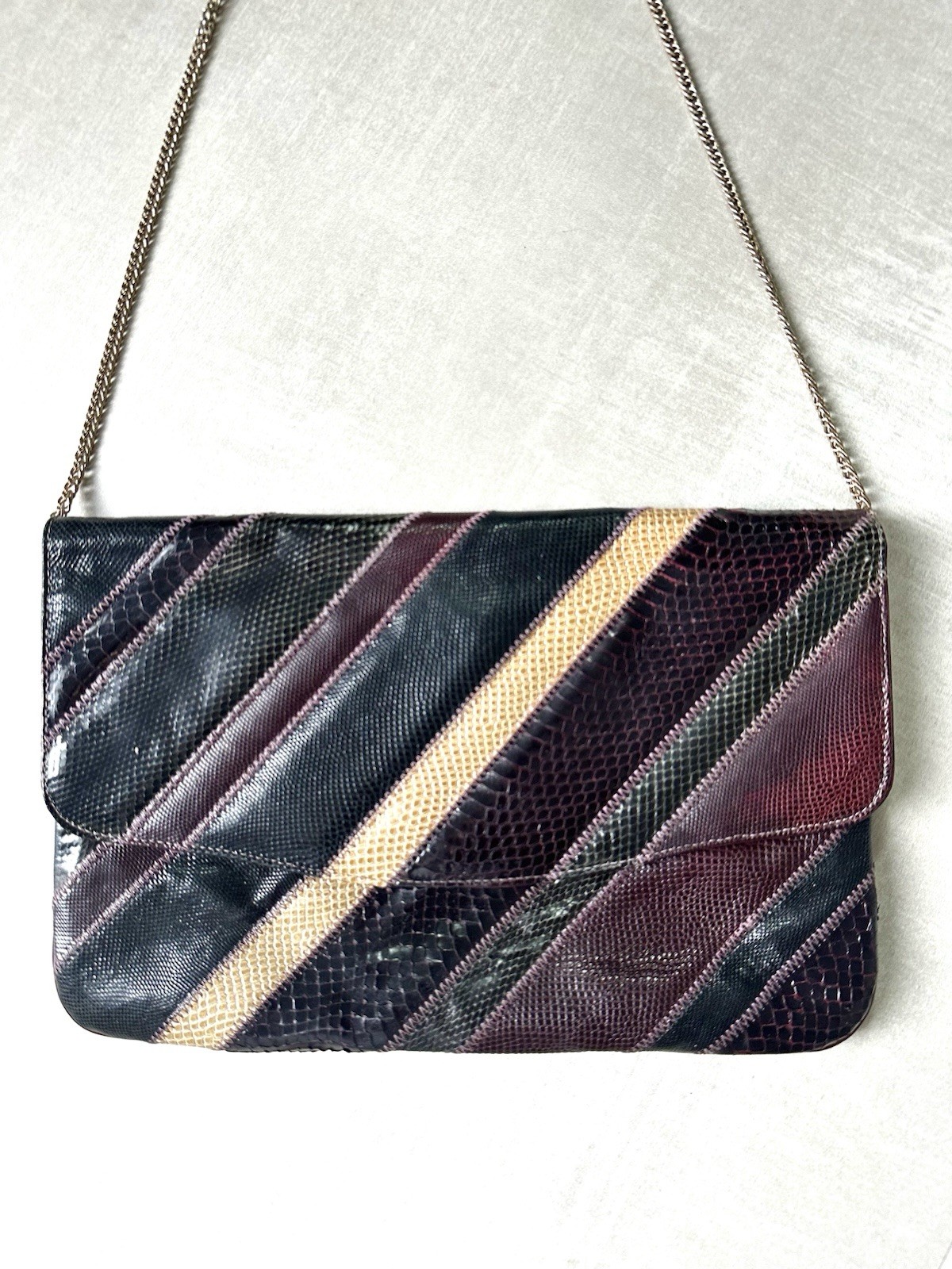 Bags By Varon Vintage Snakeskin Clutch With Chain Strap In Black, Burgundy,Cream