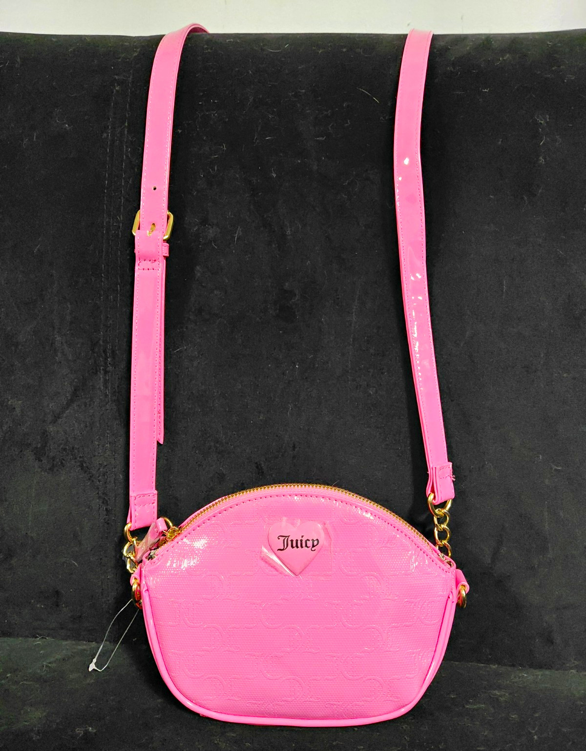 Juicy Couture Pink Patent Finish Heart Logo Zip Small Crossbody Bag Gold