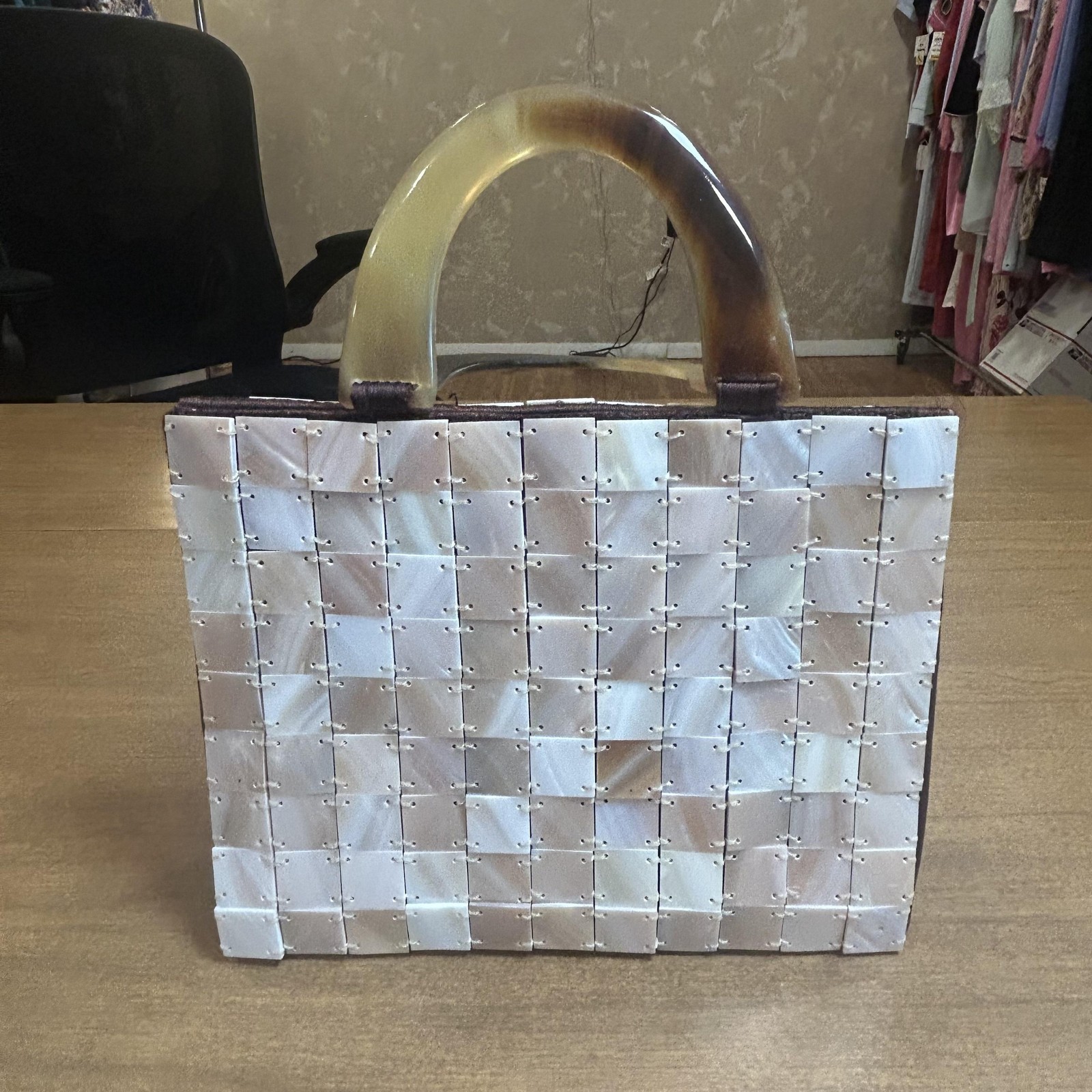 Top Handle Bag Womens Small White Shell Checkered Acrylic Beach Party Purse