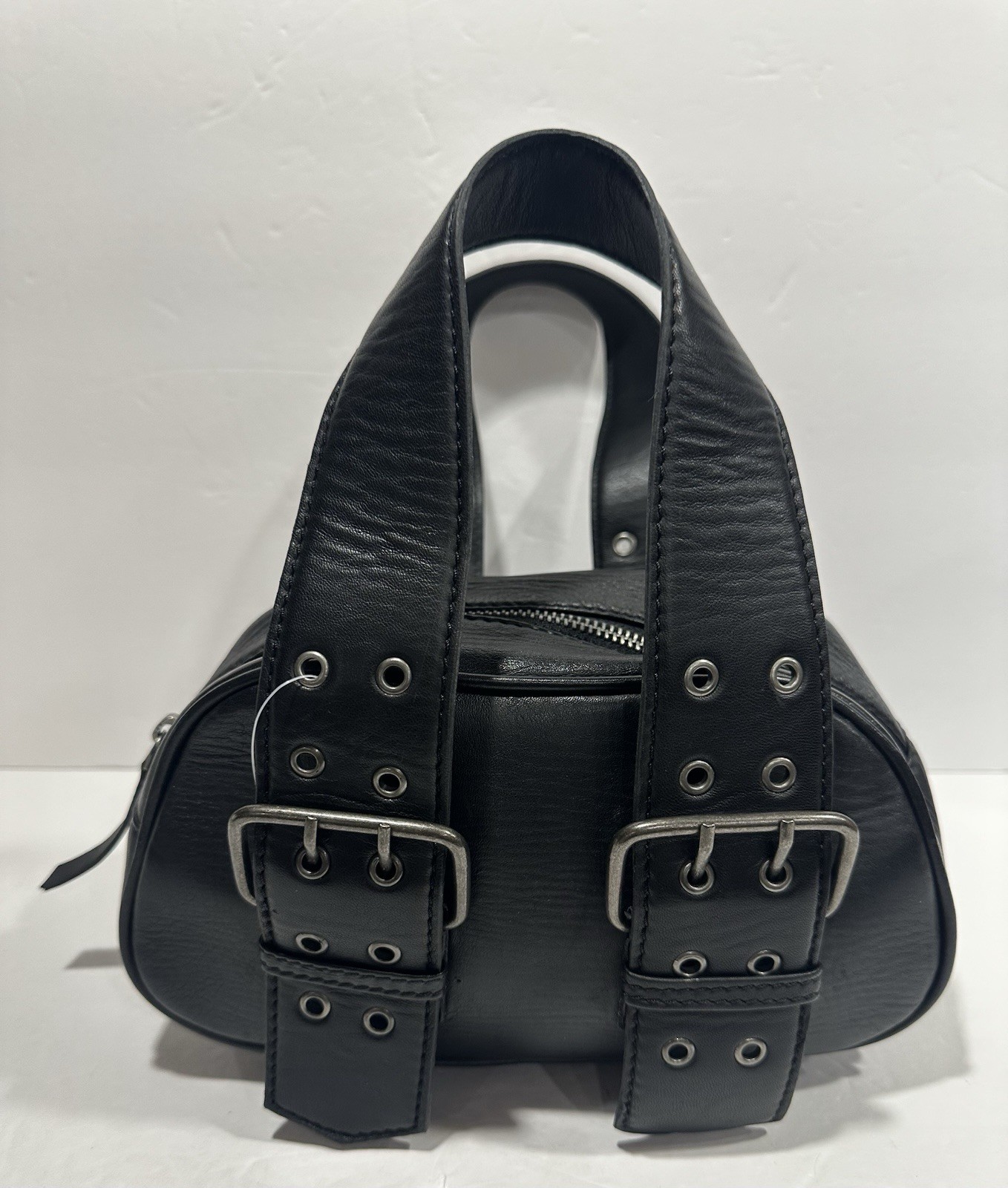 Free People Say Yes Bag Tote Handbag / Small Oval Black Leather Buckles Zipper