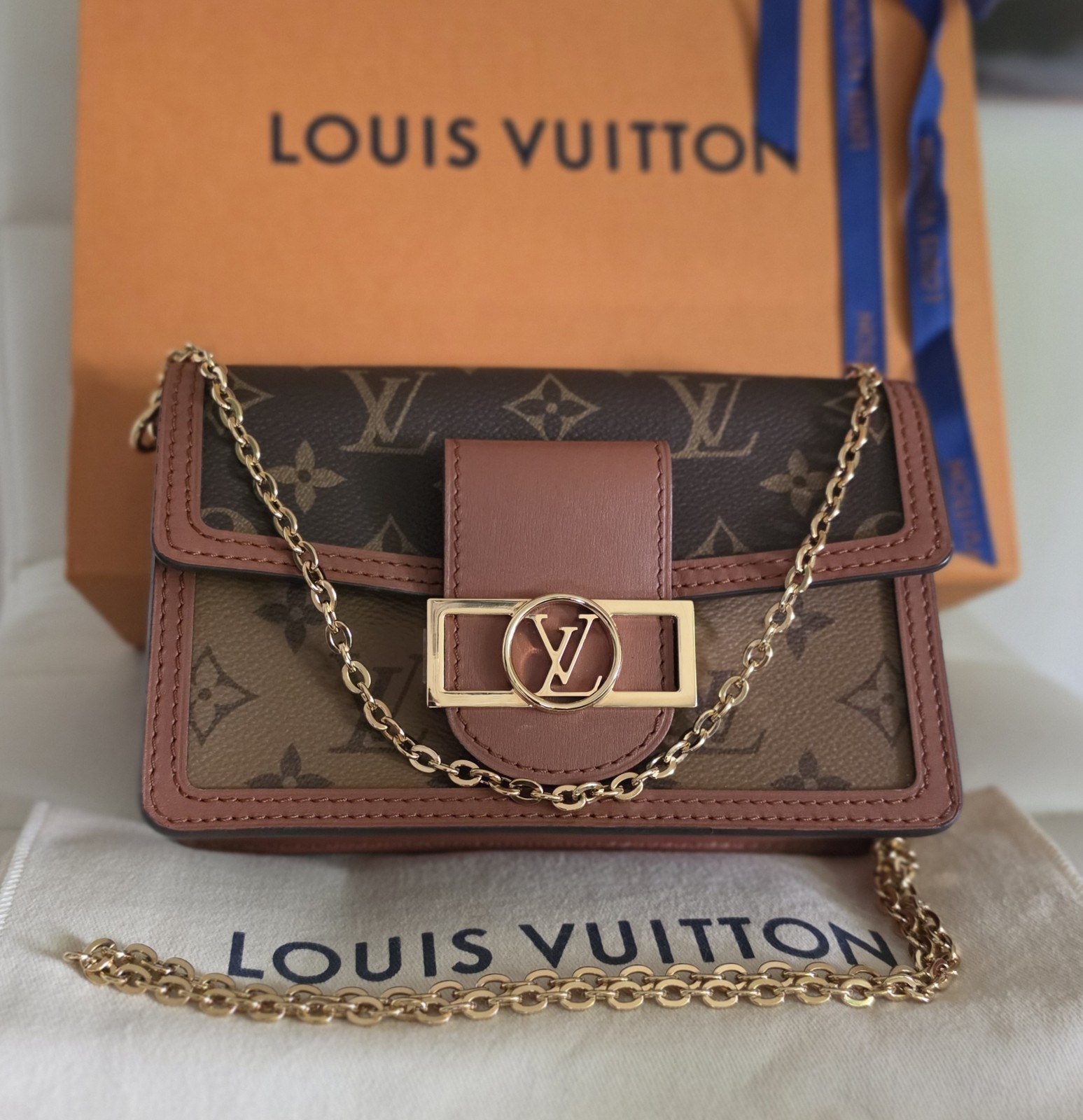 LOUIS VUITTON LV Monogram Dauphine Wallet on Chain w/ Box, Dust Bag & Ribbon