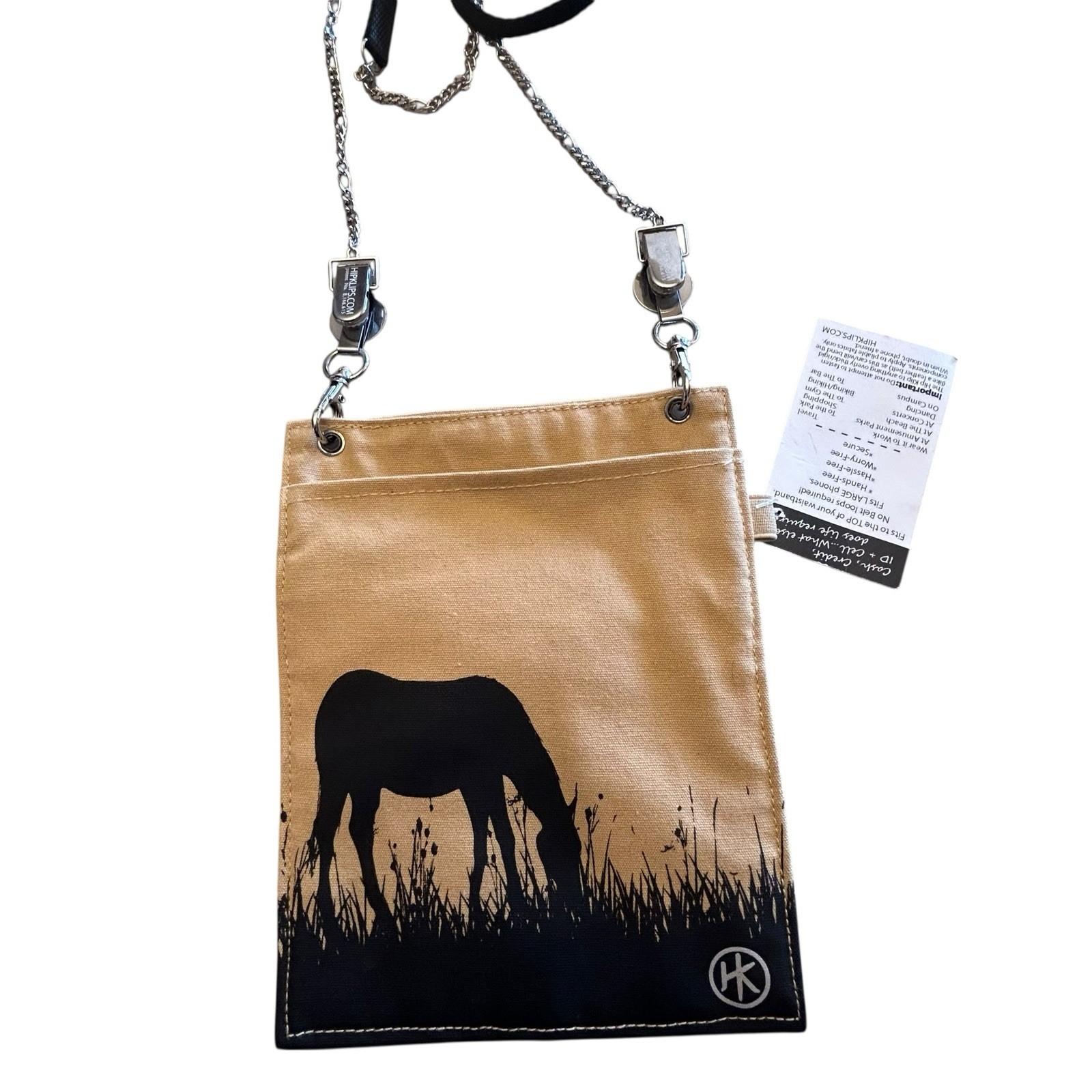 HIP KLIP Clip Bag Horse Design Hands Free Cell Pocket 2 Zippered Beige/Tan/Brown