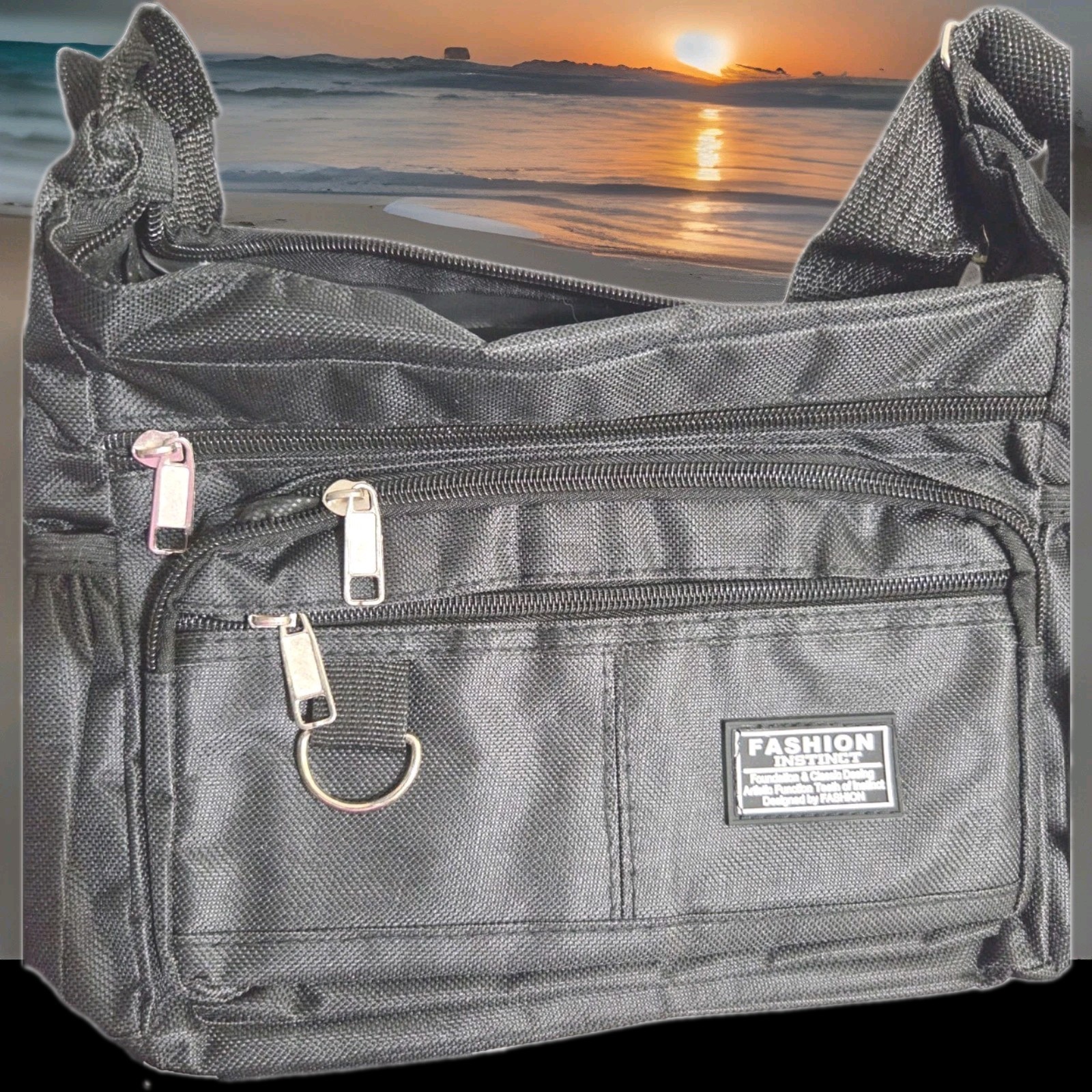 Black Multi-Zip Shoulder/ Body Bag, Adjustable Strap, Outer Pockets
