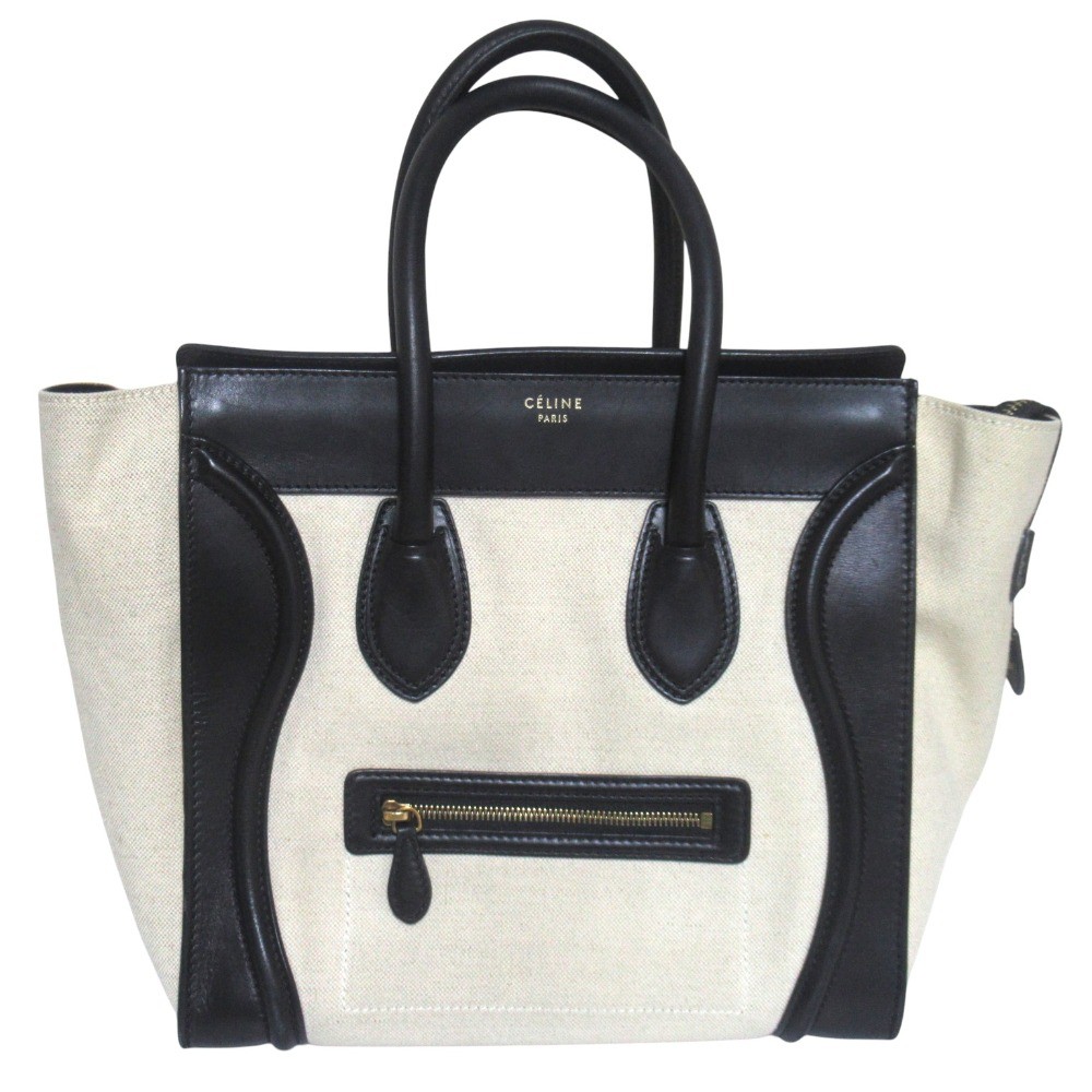 CELINE canvas leather luggage mini shopper tote bag beige and black. Women USED