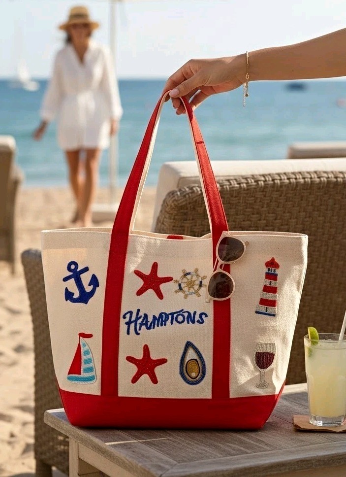 Viral NWT America & Beyond Hamptons Beaded Canvas Tote Bag Nautical Coastal Chic