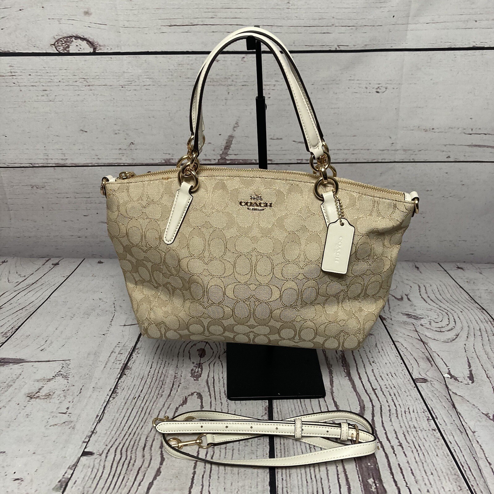 Coach Small Kelsey Satchel in Outline Signature Jacquard Gold Khaki Chalk