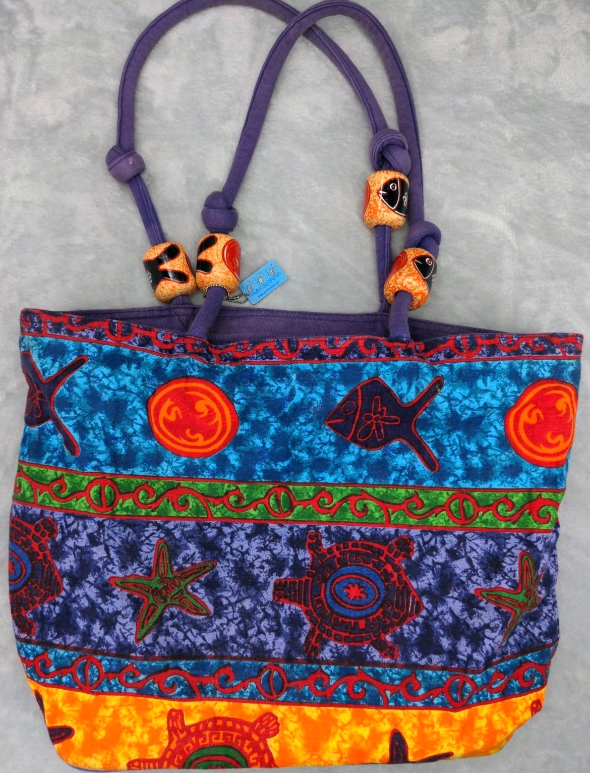 Sun N’ Sand Tropical Canvas Tote Bag Sea Turtle Wooden Beads Beach Resort Purse