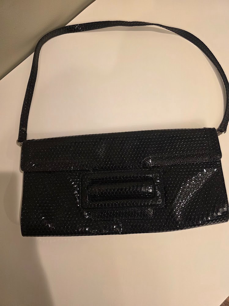 Sondra Roberts Black Patent Python Snakeskin Convertible Clutch Shoulder Bag