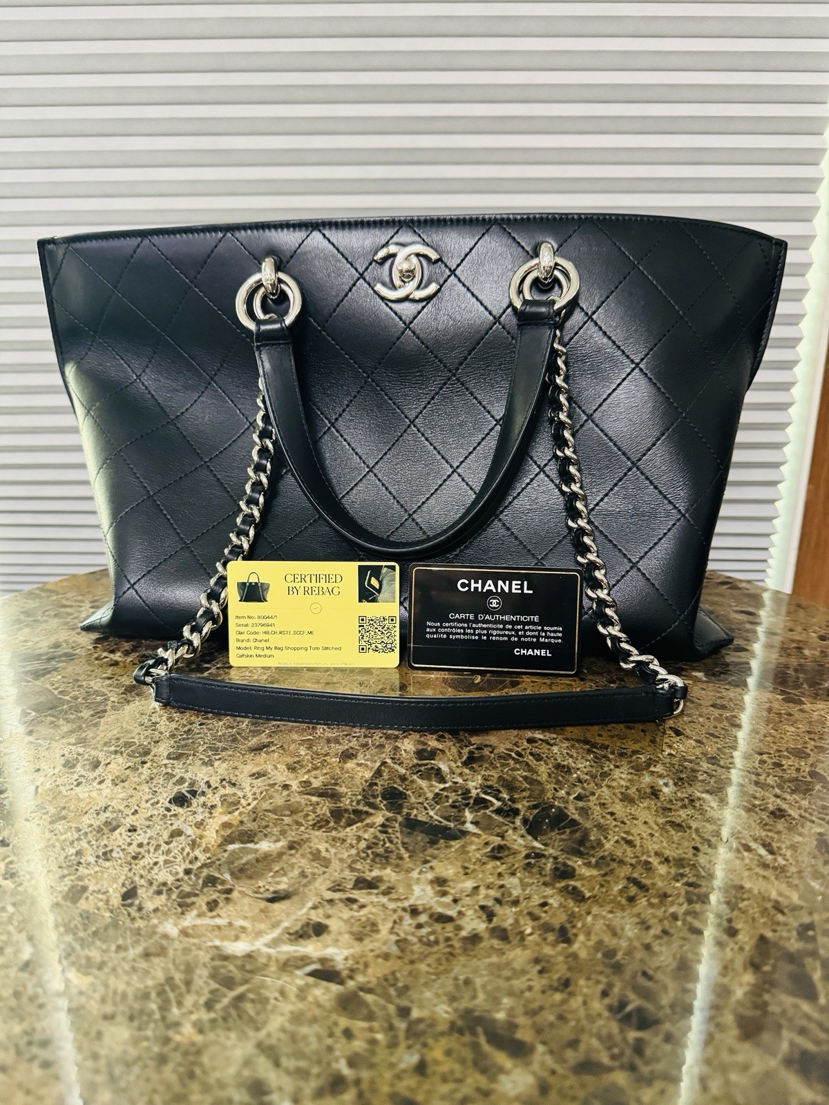 CHANEL Black Quilted Tote with Chain Strap, Brand Card & Dust Bag for Women