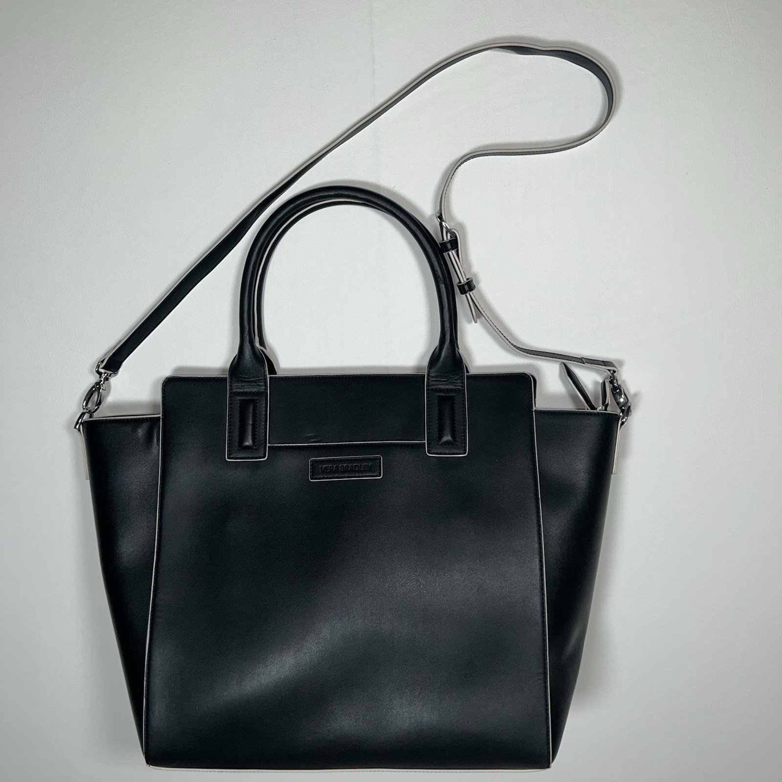 Vera Bradley Black Leather Satchel Shoulder Crossbody Tote Purse Medium Large