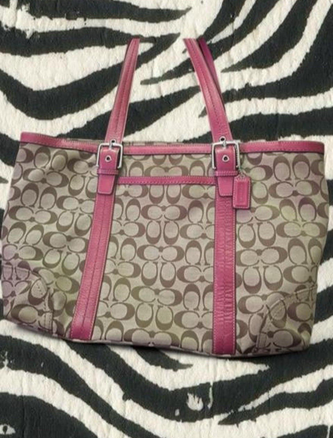 Coach Signature Logo Tote Bag Pink/Brown Leather Trim Zip Top w/ Bag Charm