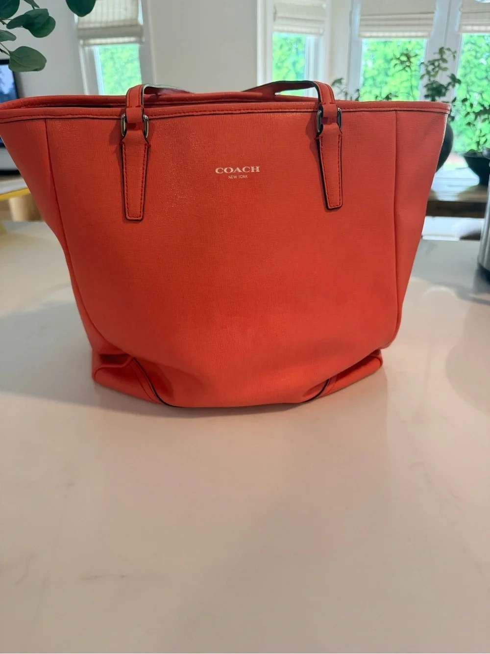 Vintage Coach Coral Orange Saffiano-Style Zip Top Tote Bag