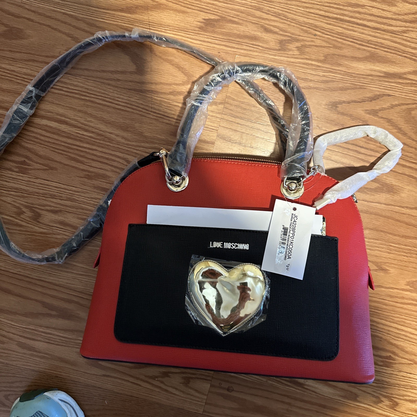 Love Moschino Red Black Gold Satchel with Heart, Chain, Logo & Coin Purse