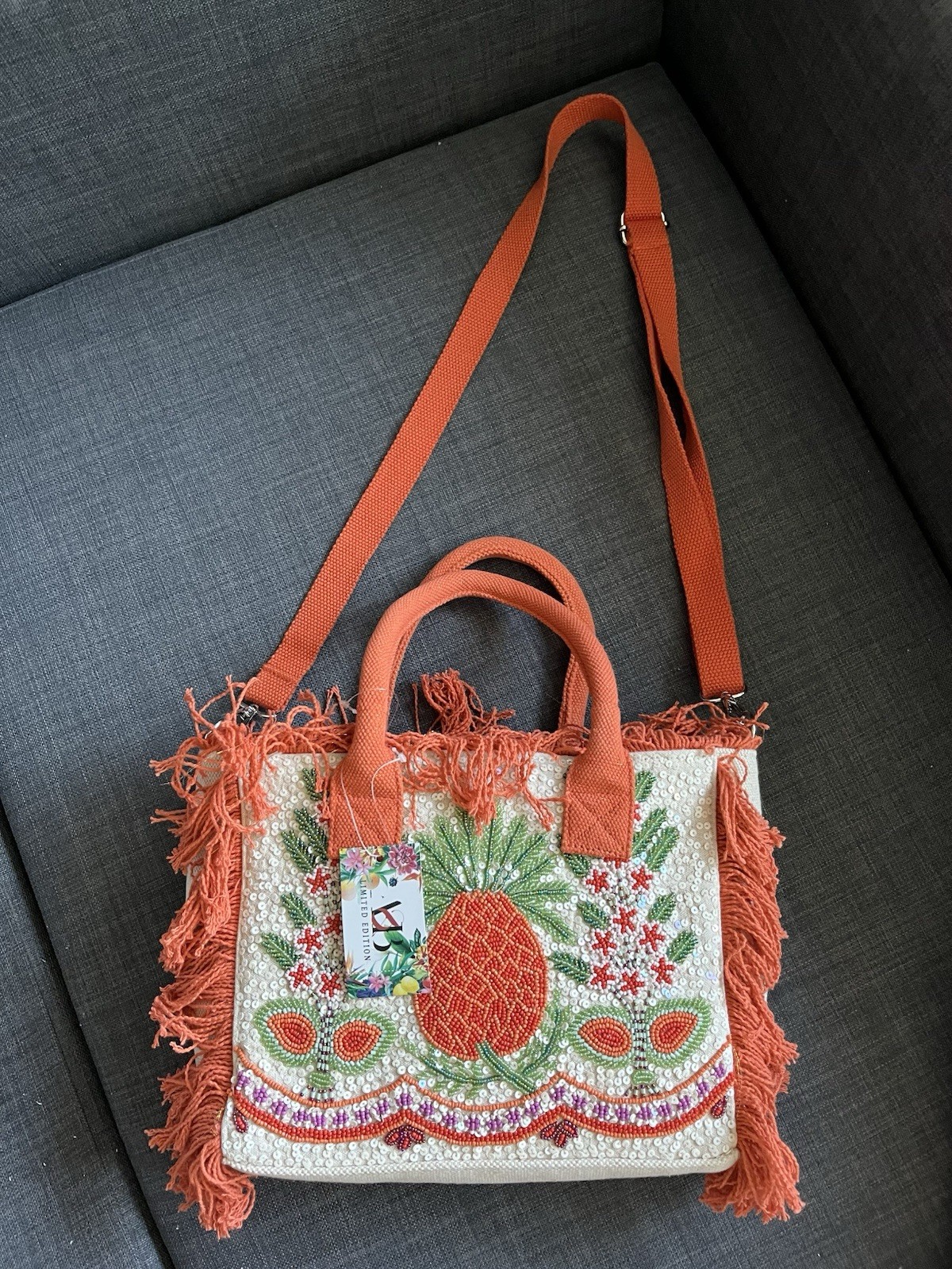 NWT Viral America & Beyond Pineapple Orange Beaded Mini Tote Bag Fringed Fruit