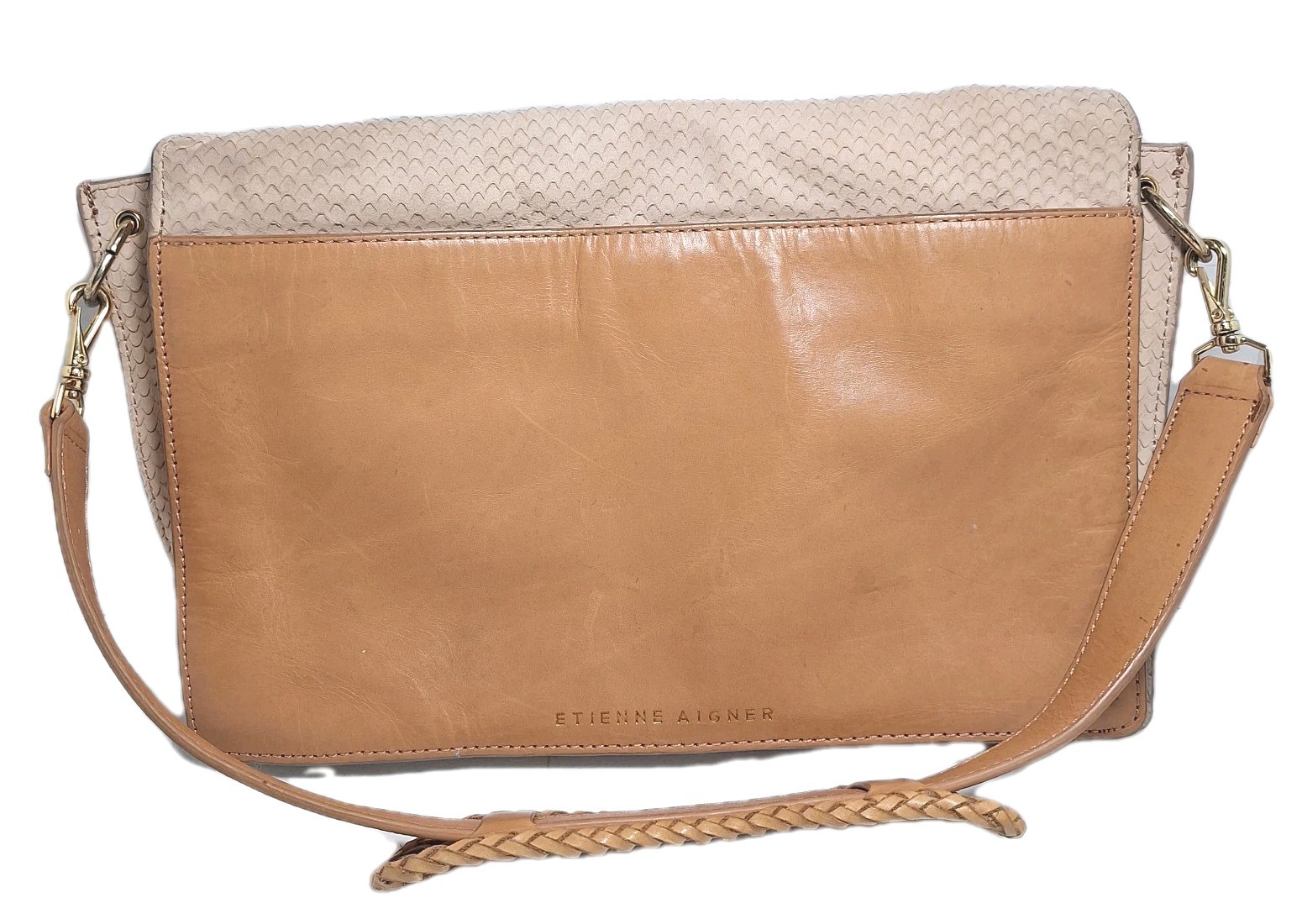 Etienne Aigner Suede Leather Fish Snake Scales Shoulder Handbag Light Taupe Tan