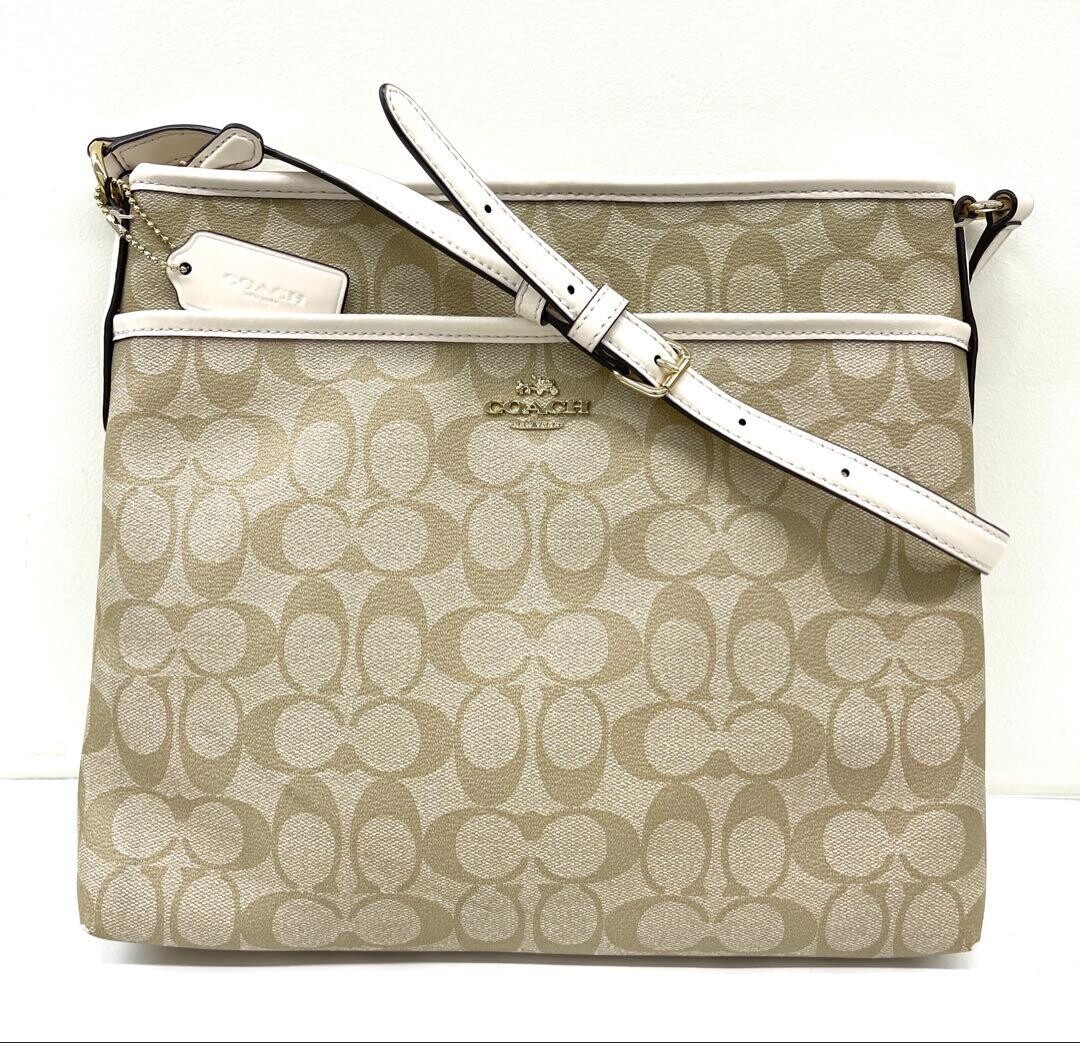 Coach Signature Canvas Leather Shoulder Bag Beige White Adjustable Strap 30cm