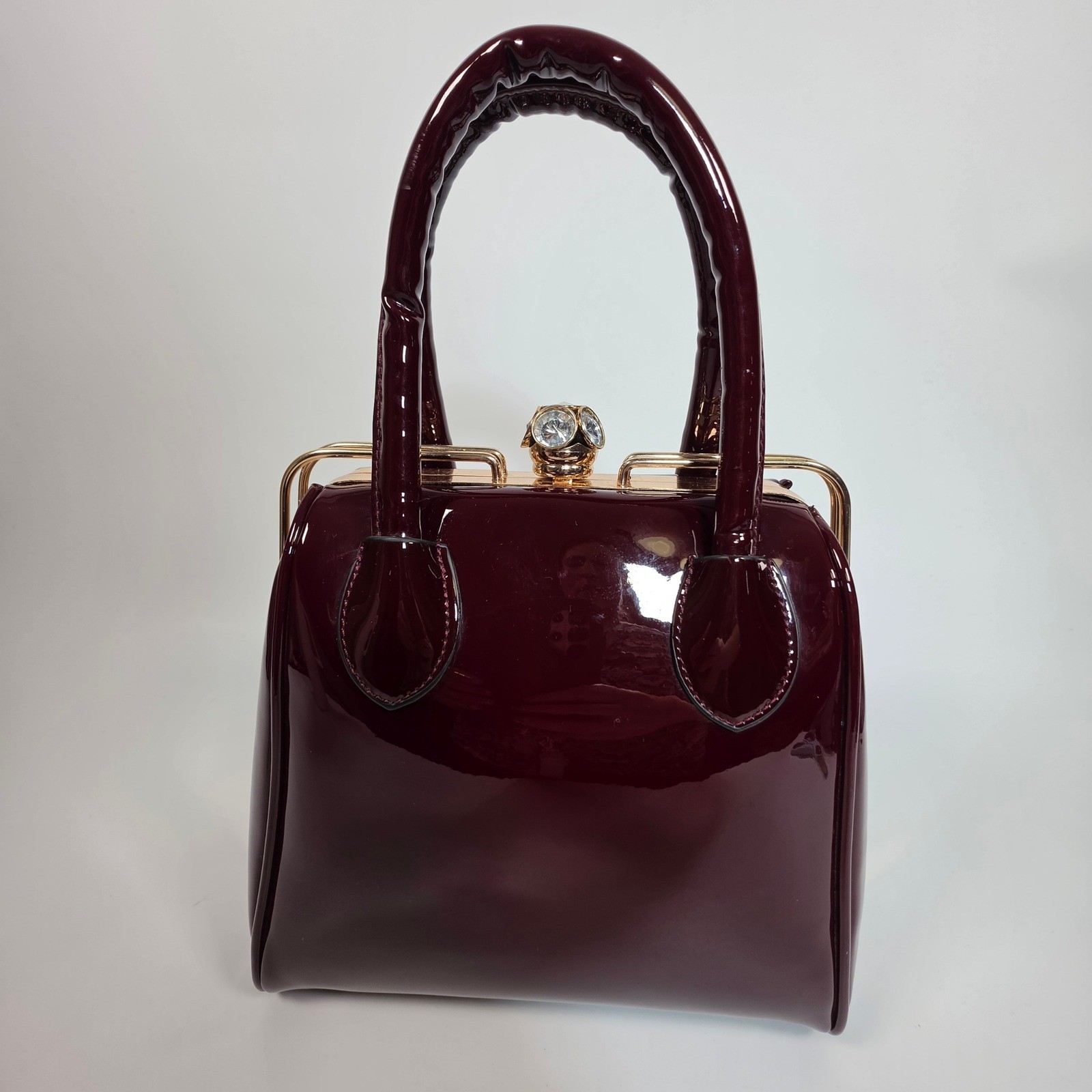 Patent Leather Evening Handbag Burgundy Hard Shell Medium Size Elegant Classy