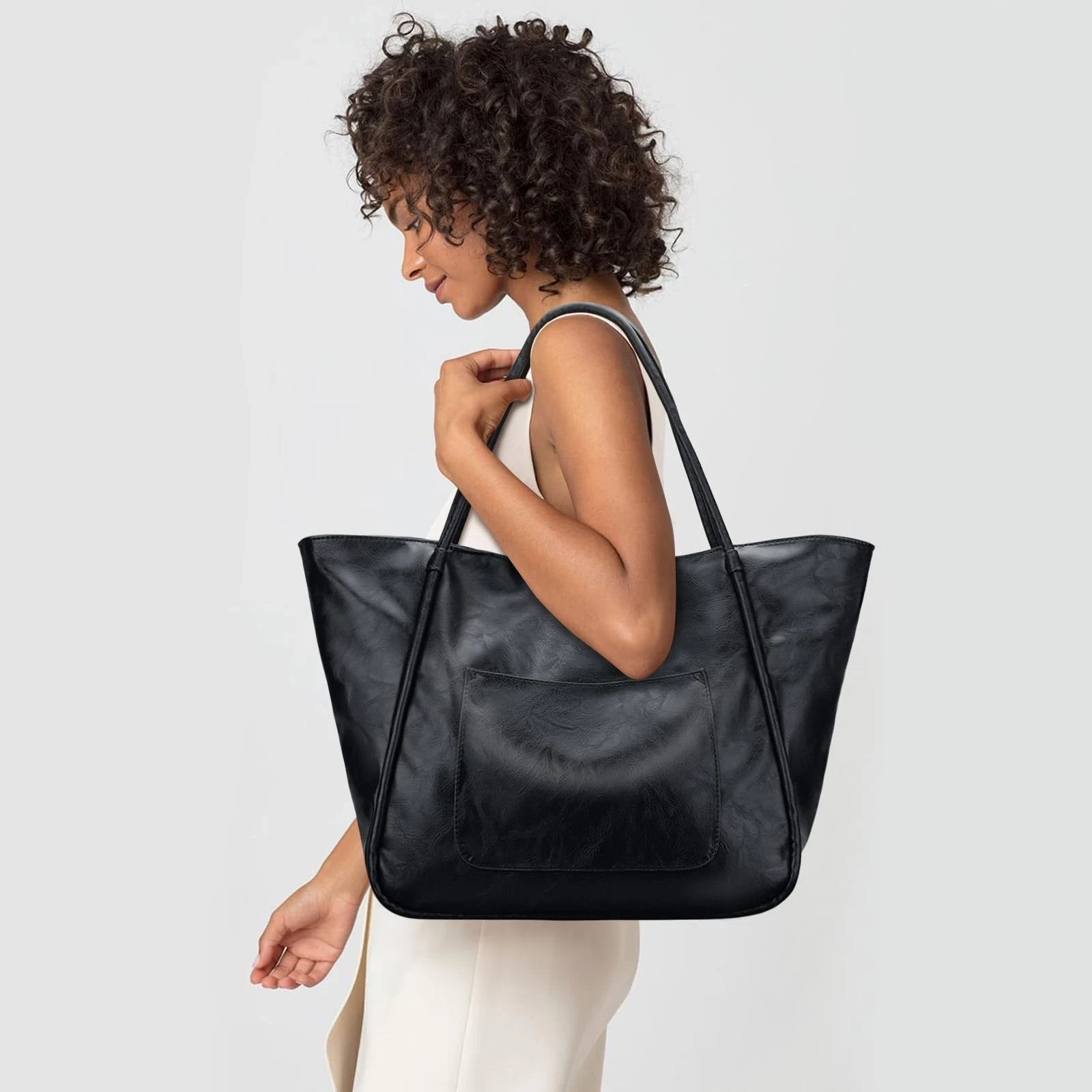 Large Leather Tote Bag for Women – Zipper Travel Purse – Black