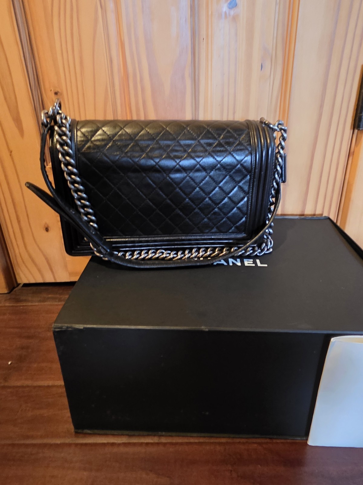 Chanel Black Lambskin Quilted Le Boy Medium Box,Dustbag,card Antique Hrdw 2014