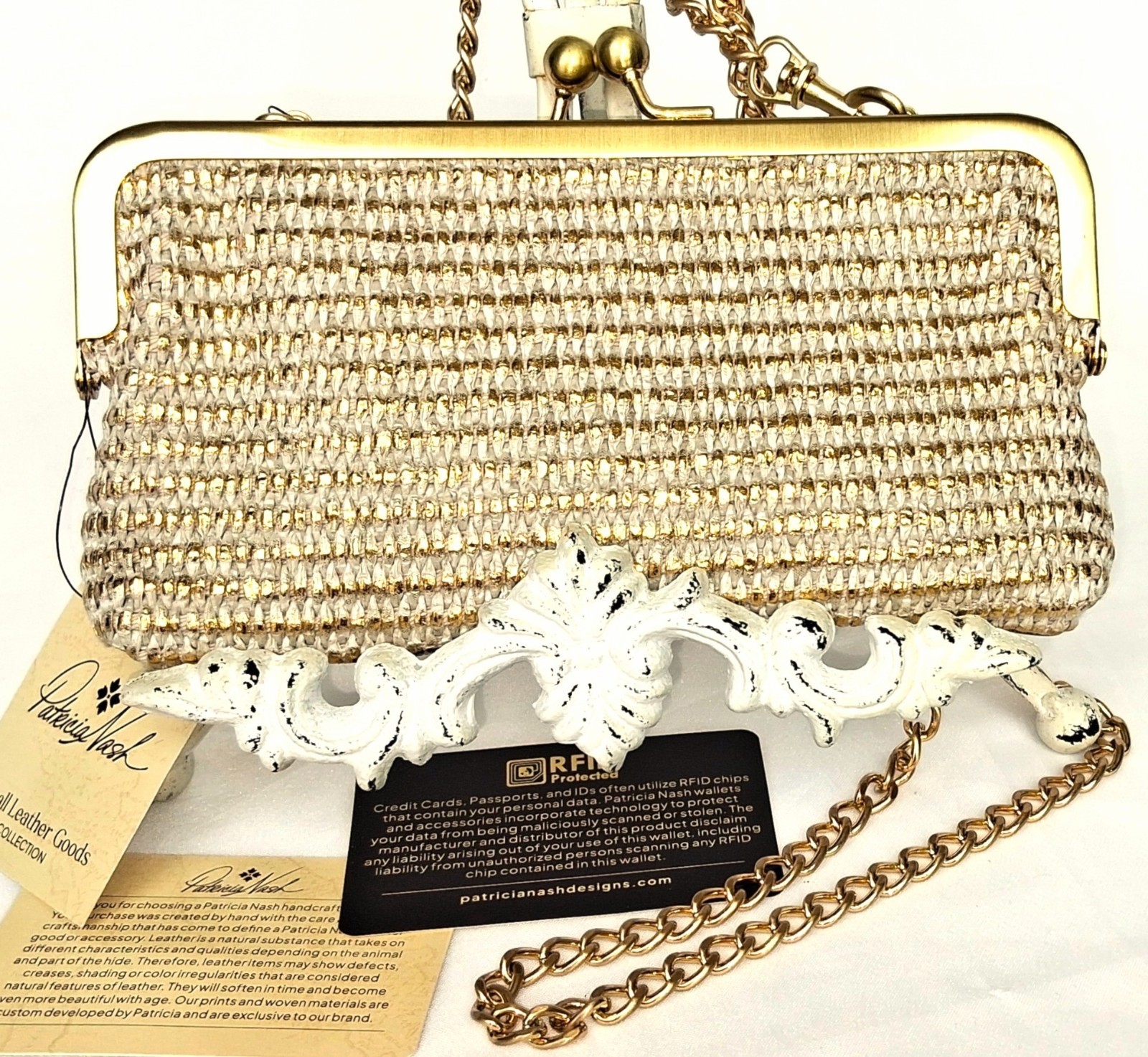 NWT Patricia Nash Mini Crossbody Clutch Bag Gold Raffia, Metallic Leather RFID