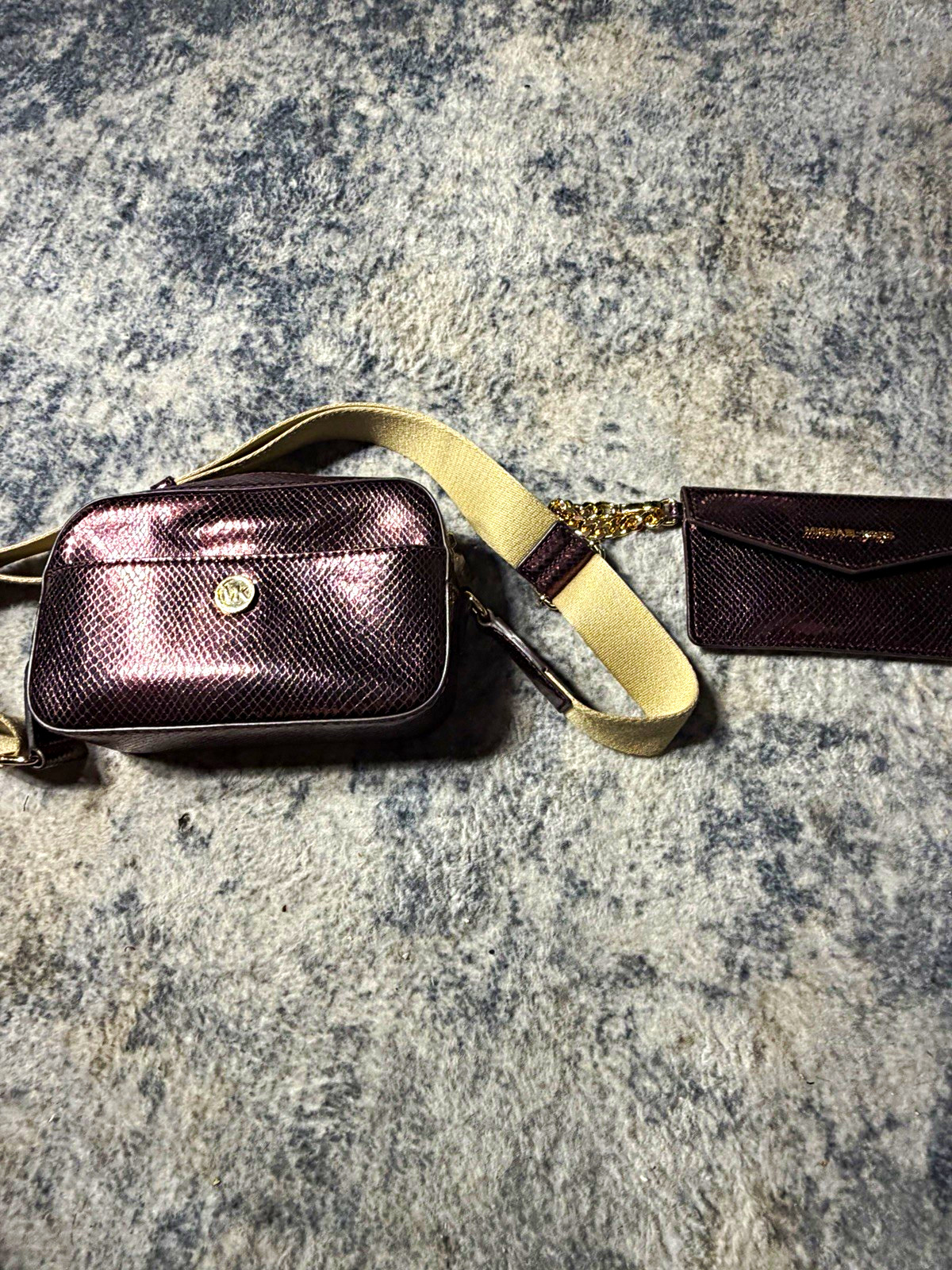 Michael Kors Small Purple Embossed Animal Print Zip Crossbody, Beige Strap