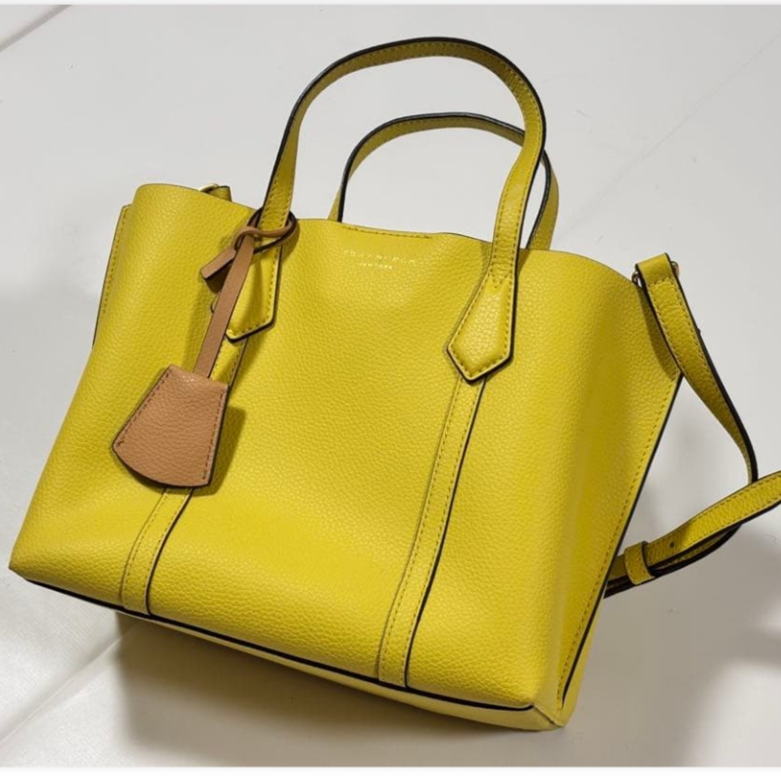 Tory Burch Perry Small Triple Compartment Tote Yellow Leather 2Way Shoulder Bag
