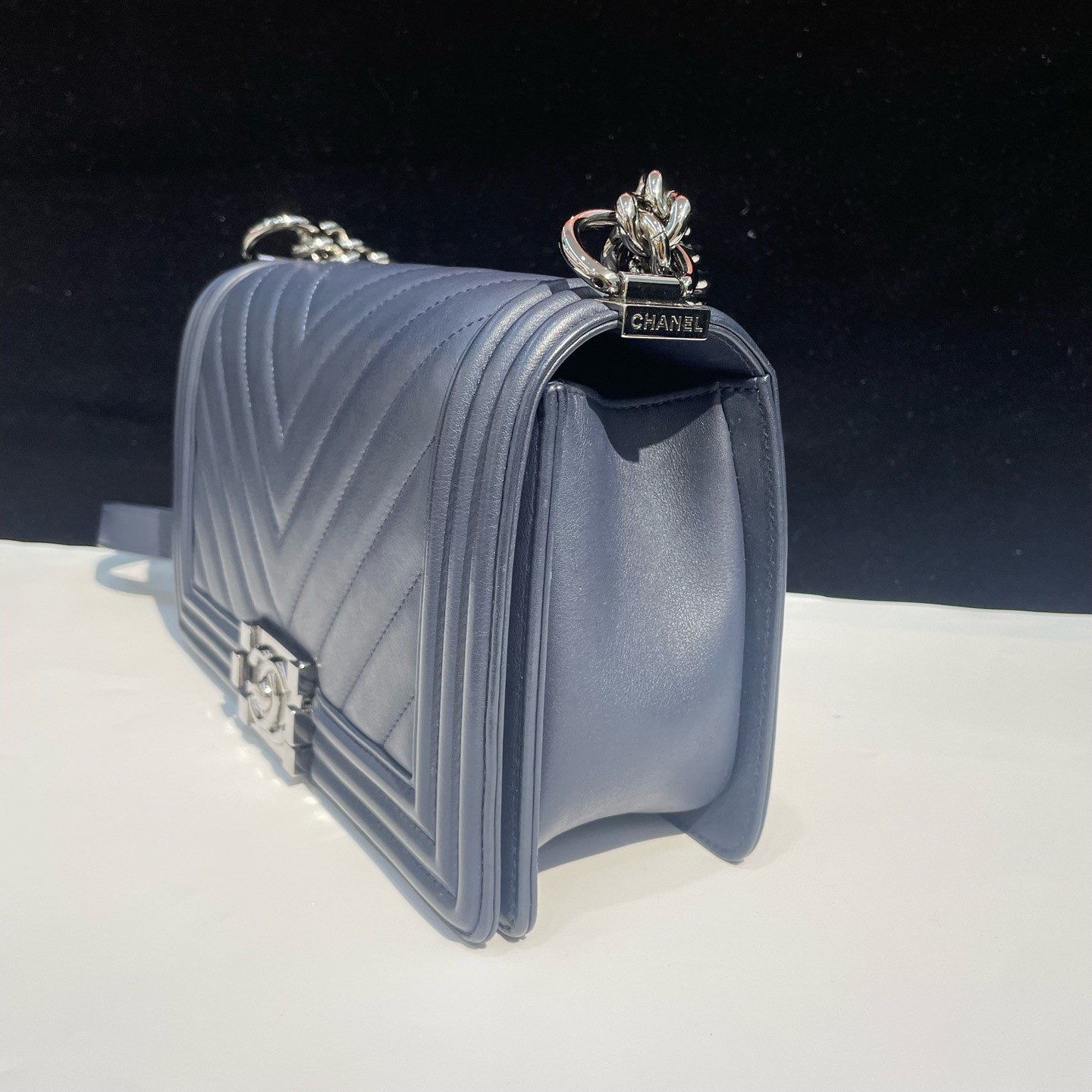 Chanel Le Boy Chevron Calfskin Blue Medium Shoulder Bag Silver Hardware