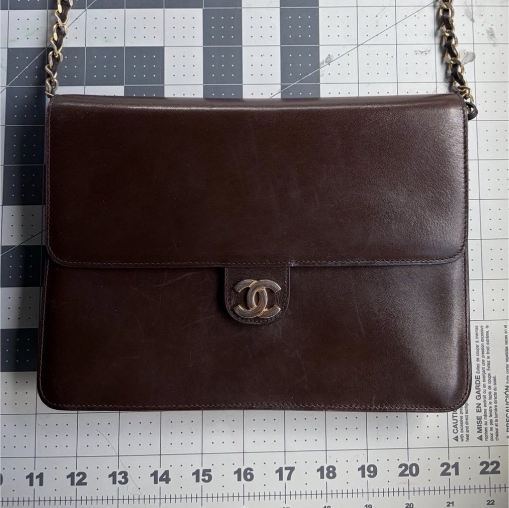 Vintage 80’s CHANEL Brown Flap Shoulder Bag Gold Chain Strap Turn Lock Logo