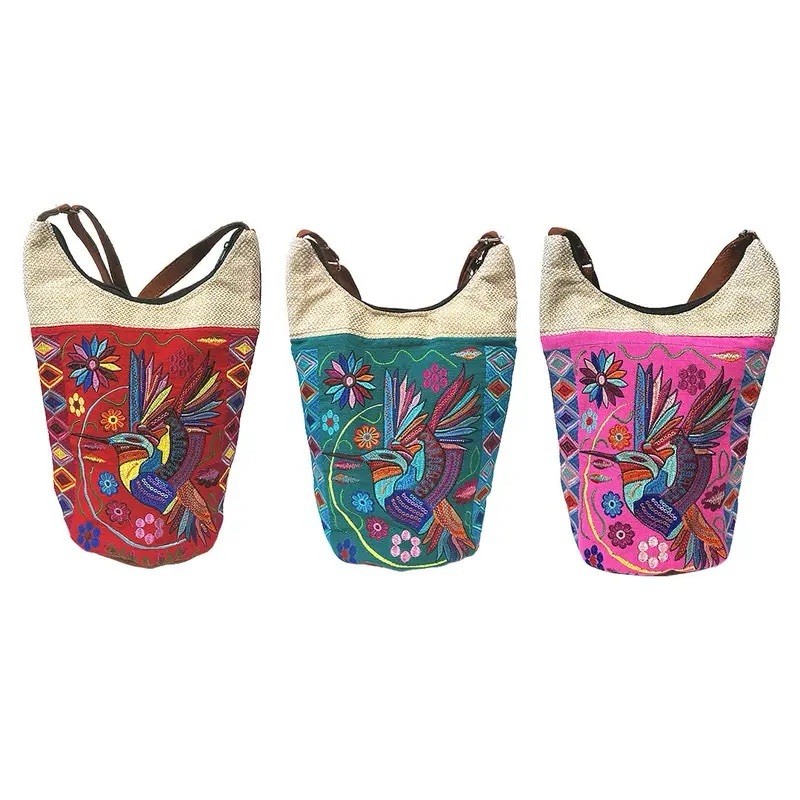 Embroidered Hummingbird Floral Multicolor Shoulder Bag w/ Brown Shoulder Strap