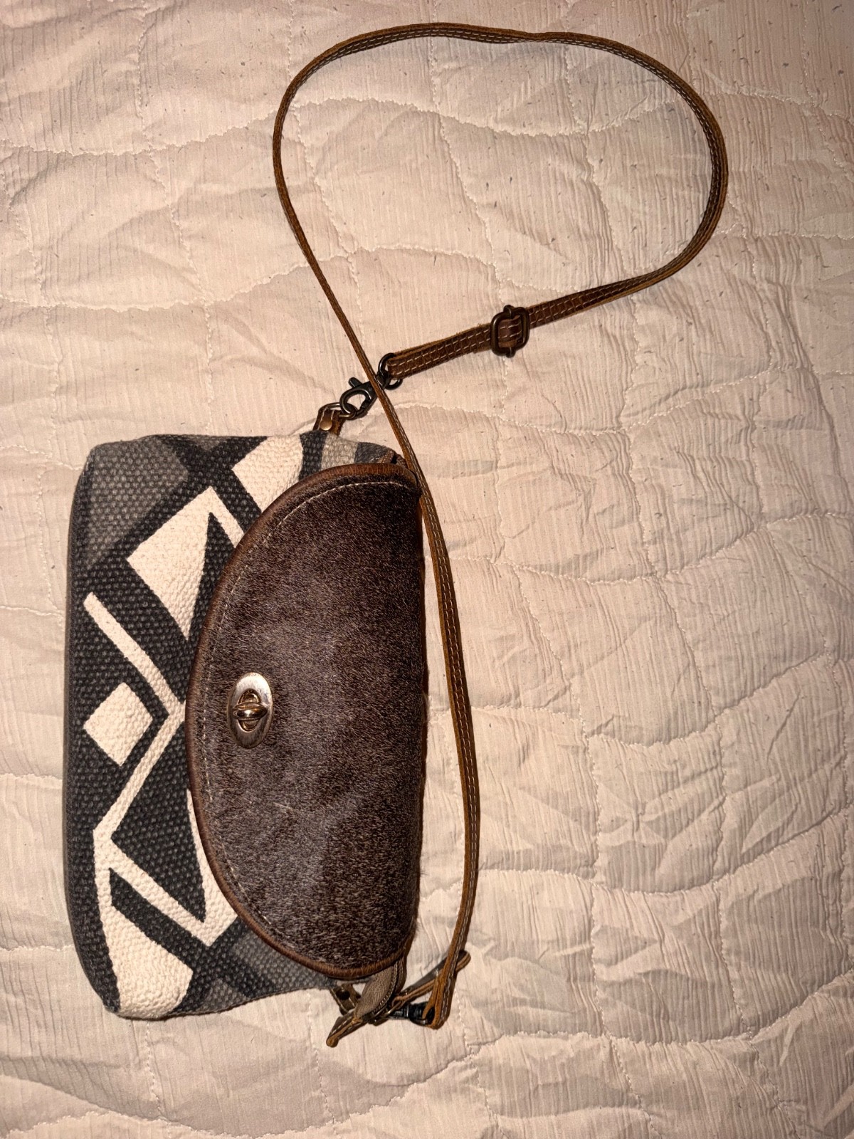Myra genuine cow hide and cotton cross body bag