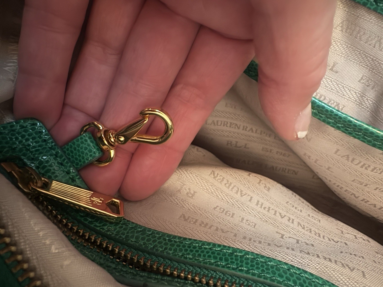 Lauren Ralph Lauren Green Lizard Embossed Tote Bag Preppy Equestrian Style