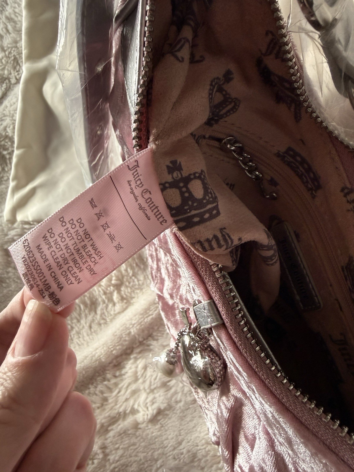 Royal Couture Dusty Pink Velvet Crescent Shoulder Bag w/ Silver Trim + Dust Bag