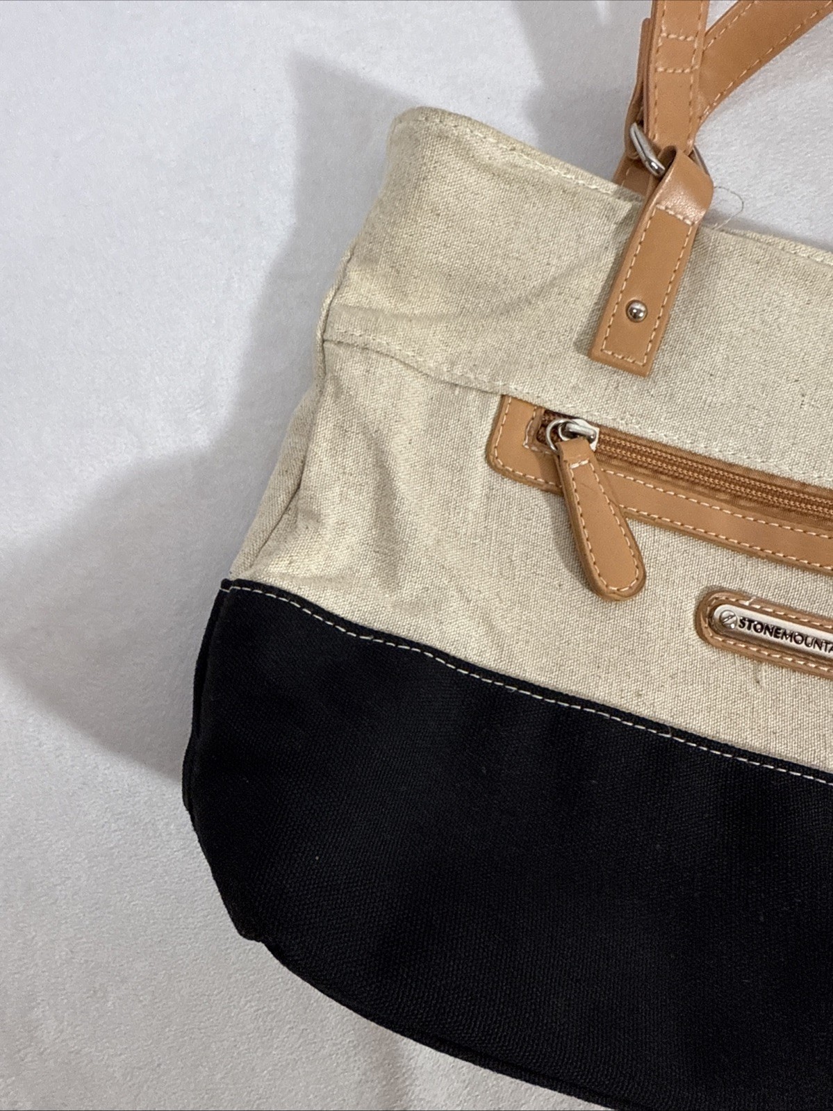 Stone Mountain Purse Beige Black Shoulder Straps Canvas 12” X 9”