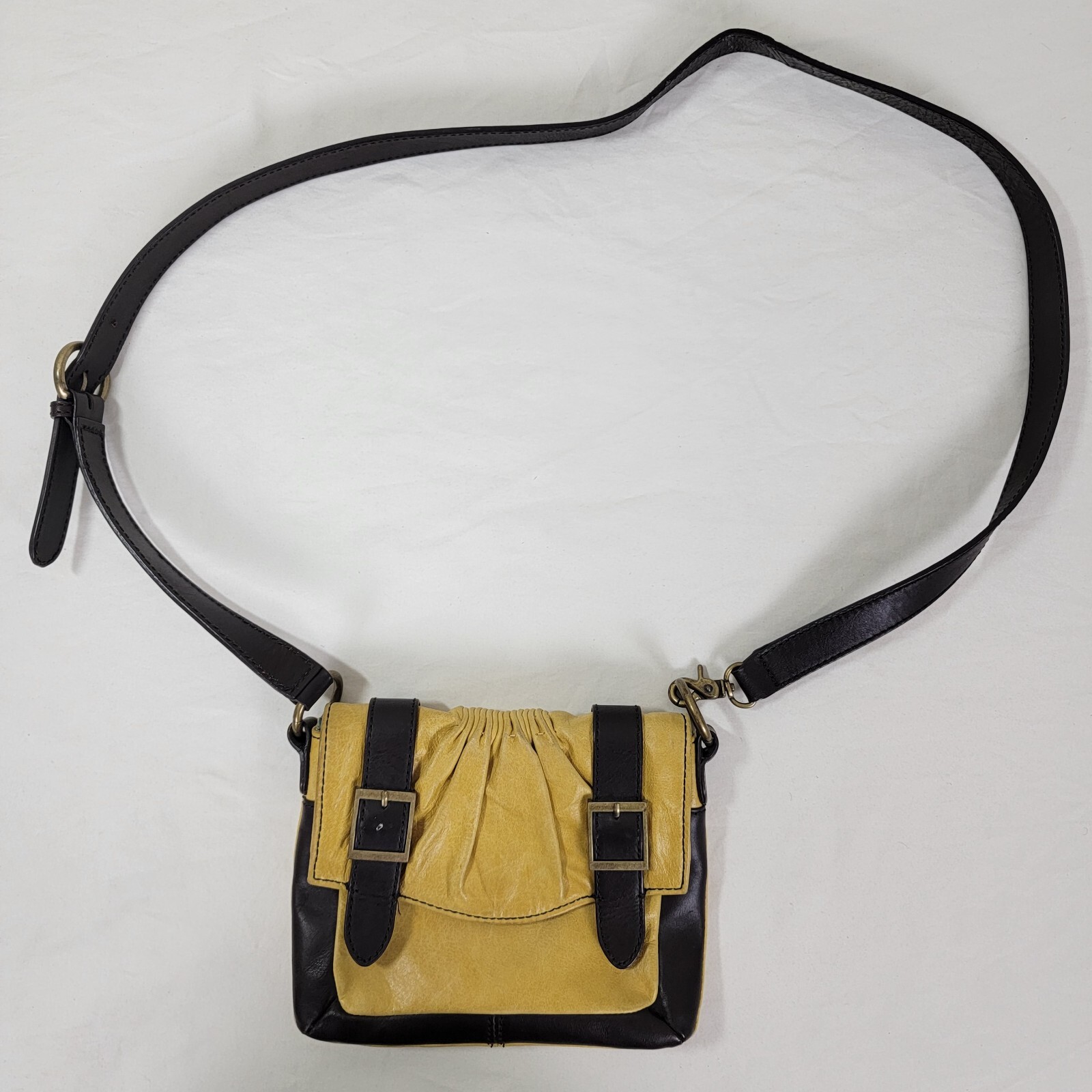 Kate Landry purse shoulder messenger small approx 7×8″ mustard gold brown buckle