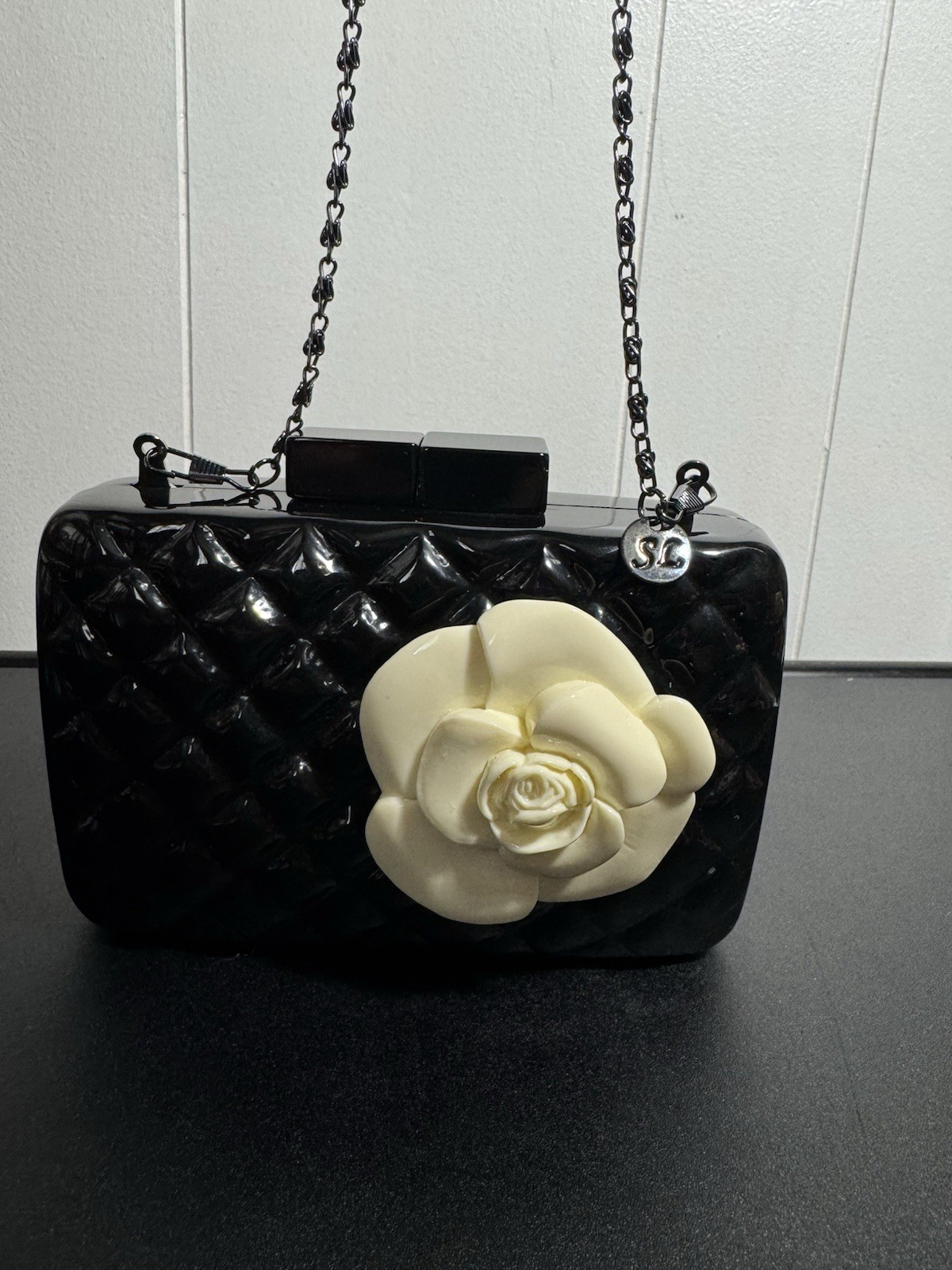 Sea Lily Crossbody Clutch Bag Black With Cream Rose Quilt Resin Acrylic