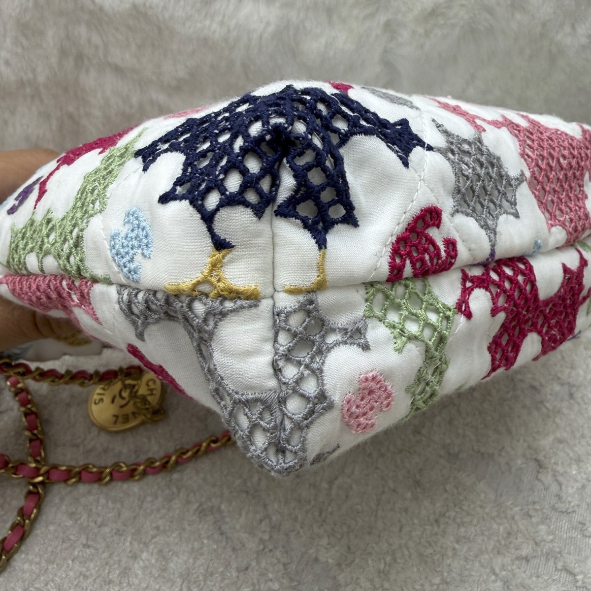 Chanel 24P Floral Embroidery Woven Mini 22Bag Crossbody Gold Tone Hardware