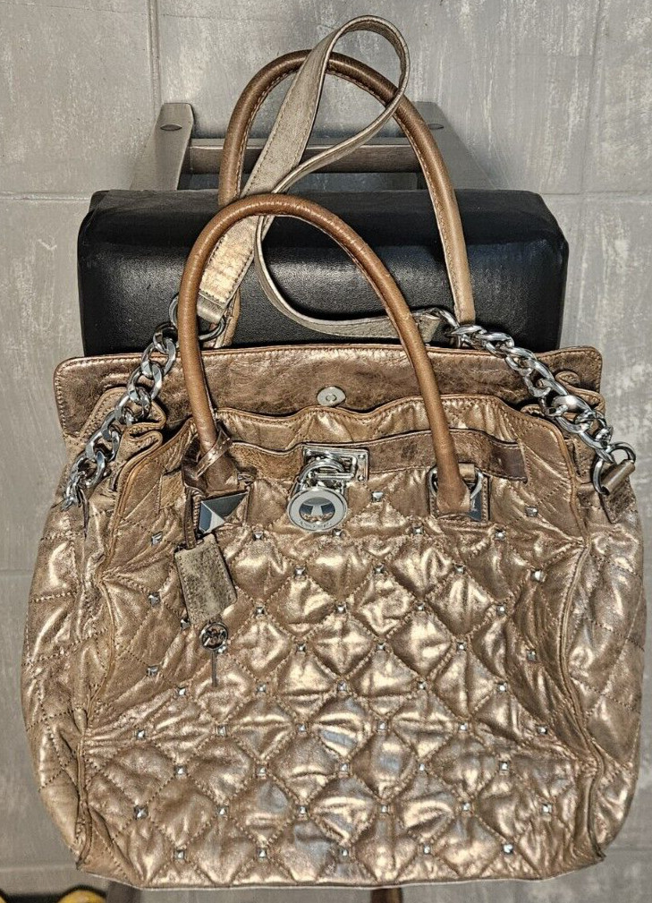 Michael Kors Hamilton Antique Gold Quilted Leather Large Ladies Crossbody Bag