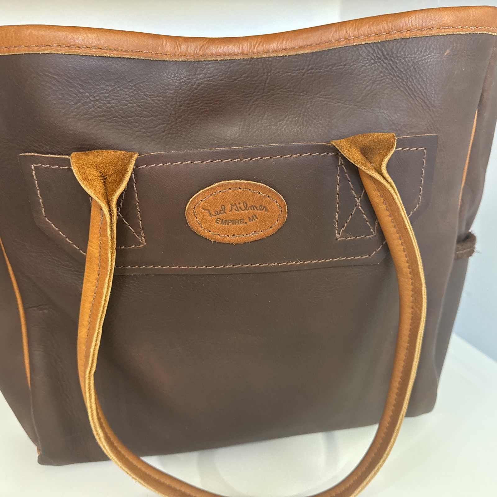 Ted Gilmer Brown Heavy Duty Thick Leather Large Tote Bag Pre Owned