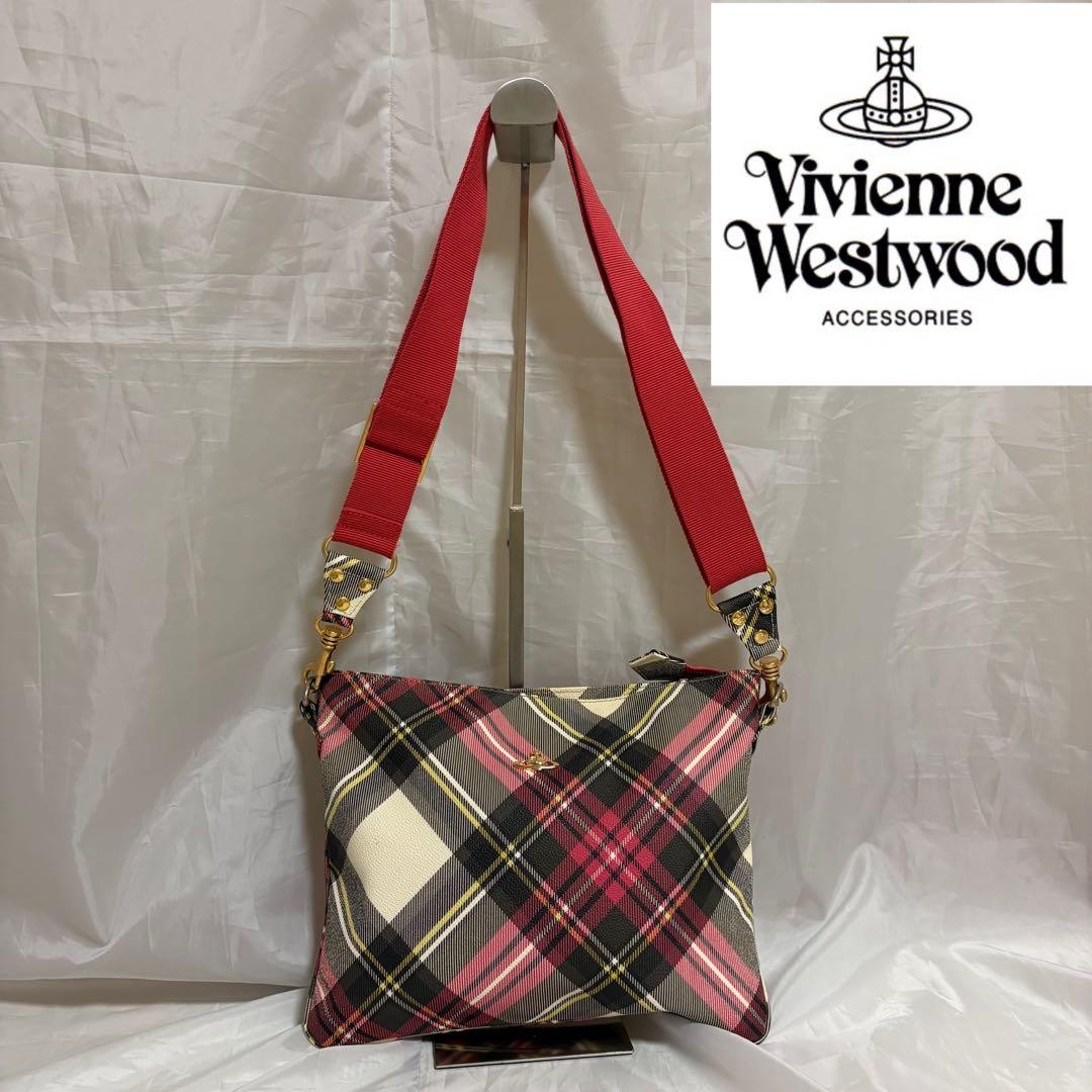 Vivienne Westwood Checked Red PVC Shoulder Bag 31x24cm Adjustable Strap #FF ZCA