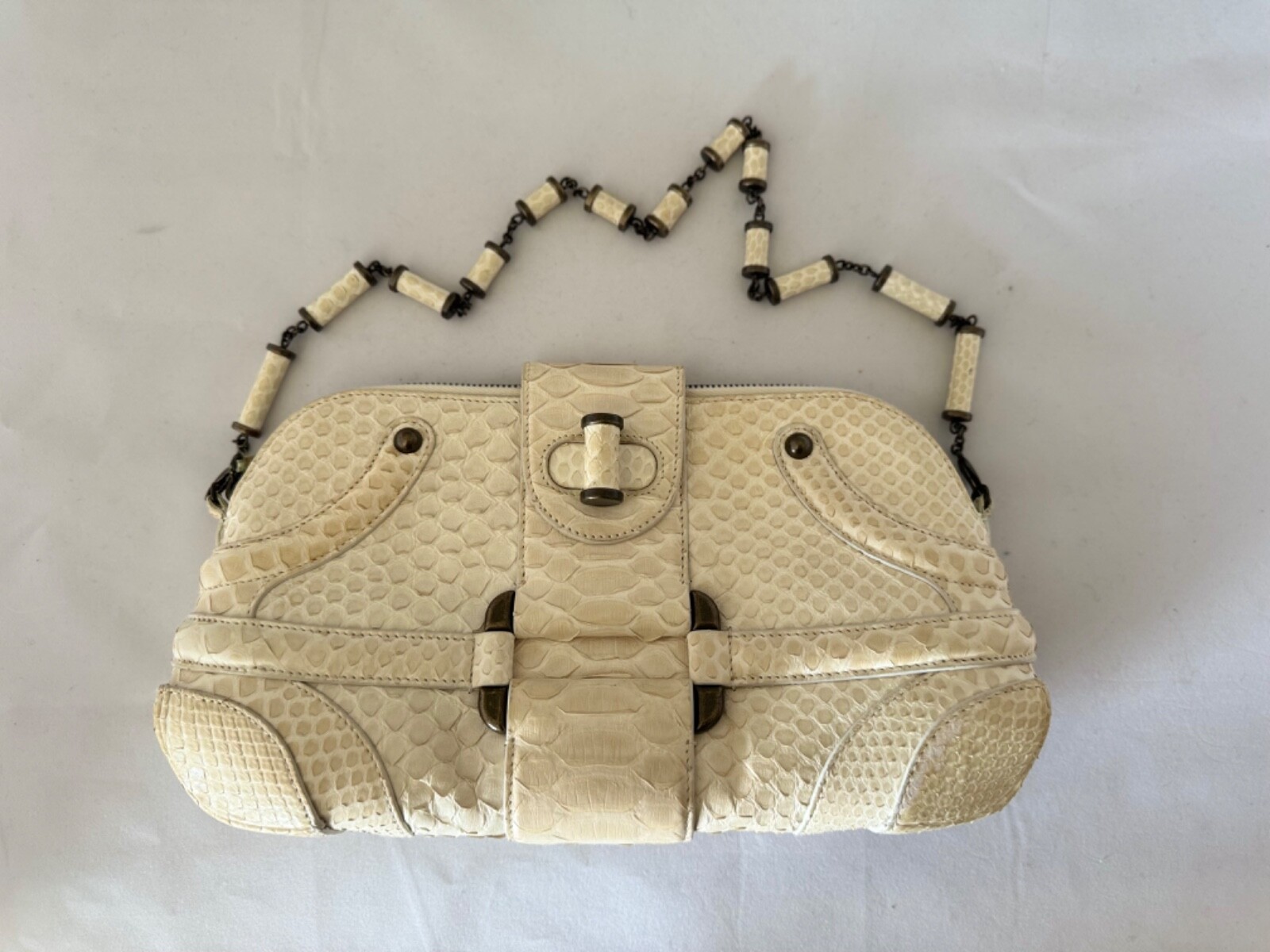 ALEXANDER MCQUEEN NOVAK Snakeskin Off White Studded Clutch Bag / Second Bag