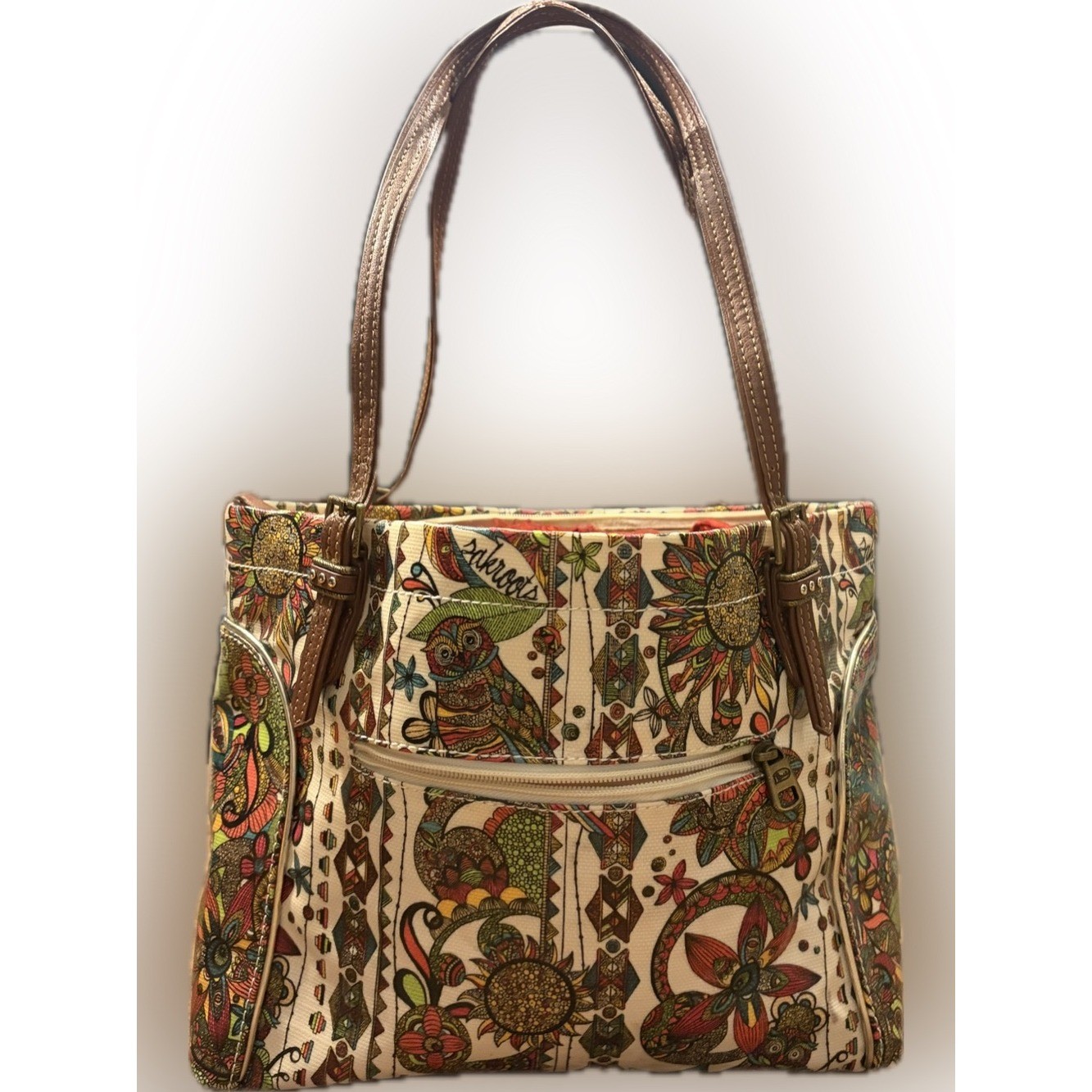 Sakroots Bag Boho Clorful Fun Floral Cream Tote Bag with Brown Handles & charm