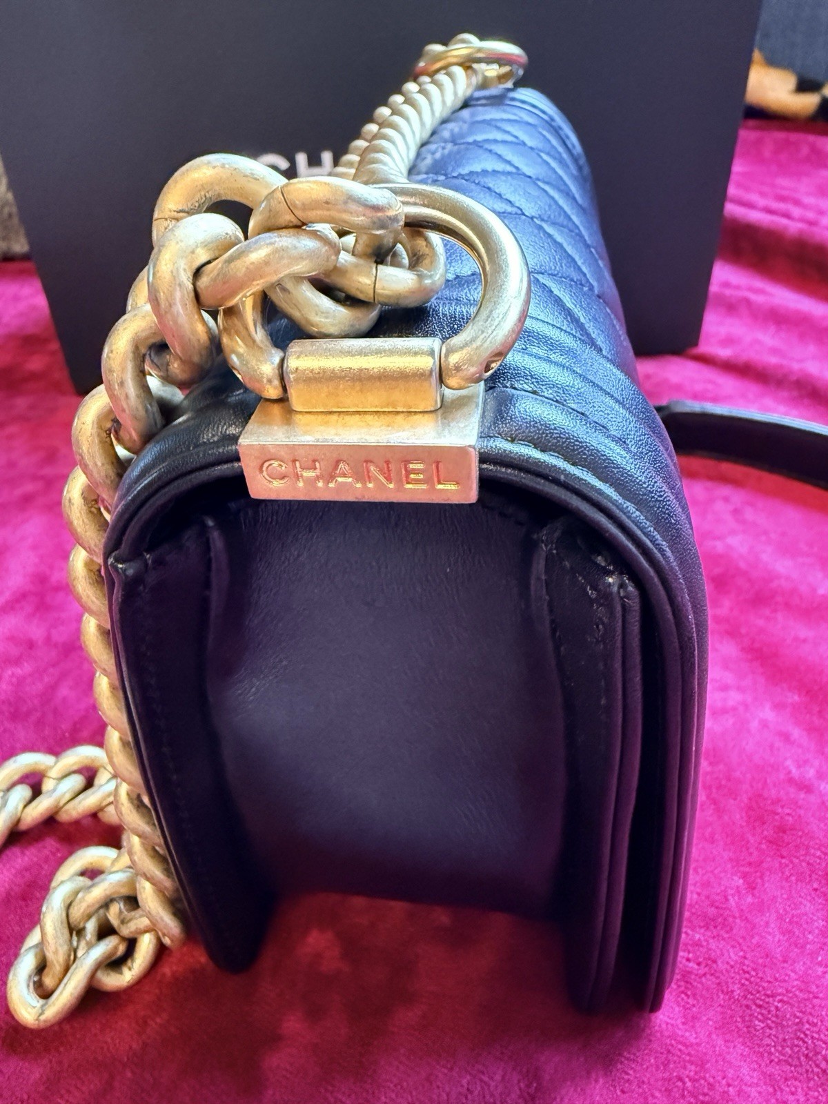 Authentic Chanel Le Boy Small Quilted Black Gold Chain Shoulder Crossbody Bag