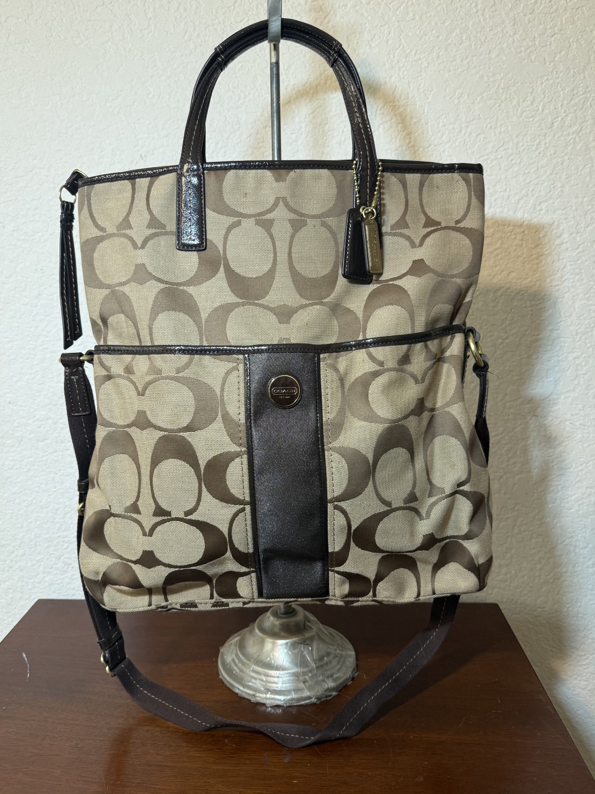 COACH Fold Over Tote Shopper Signature Stripe F23304 Brown Shoulder bag Purse