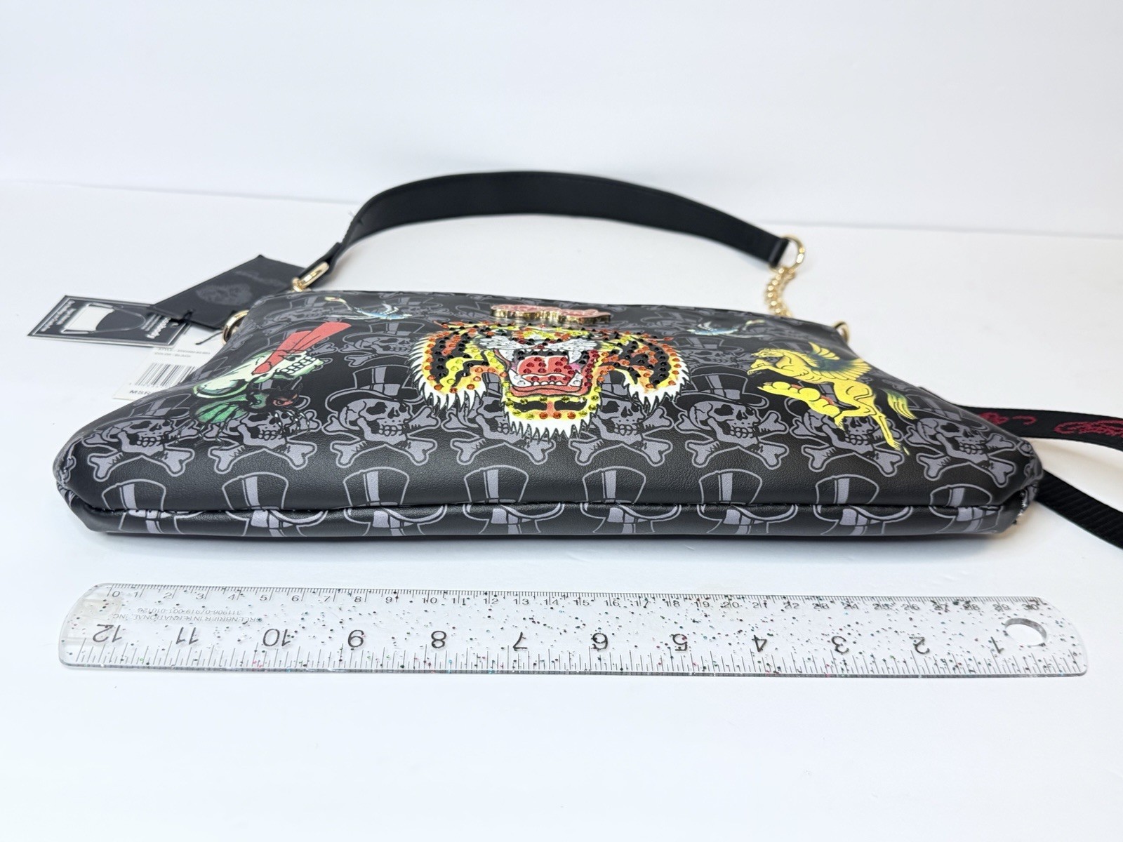 Ed Hardy Black Striking Tiger Tattoo Art With Rhinestones Shoulder Bag w/Charms