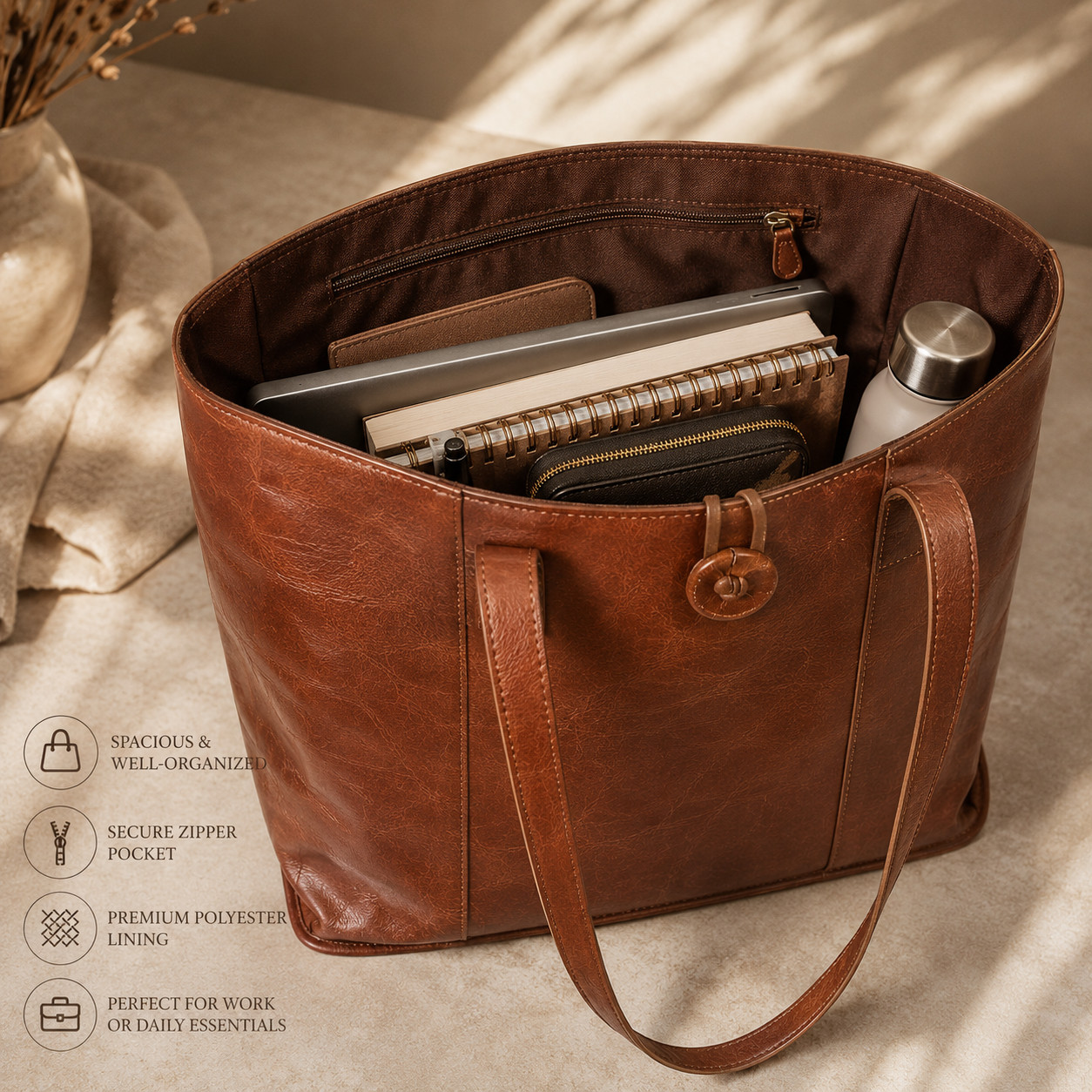 Leather Tote Bag Large Capacity Work Shoulder Shopping Handbag Women’s Brown