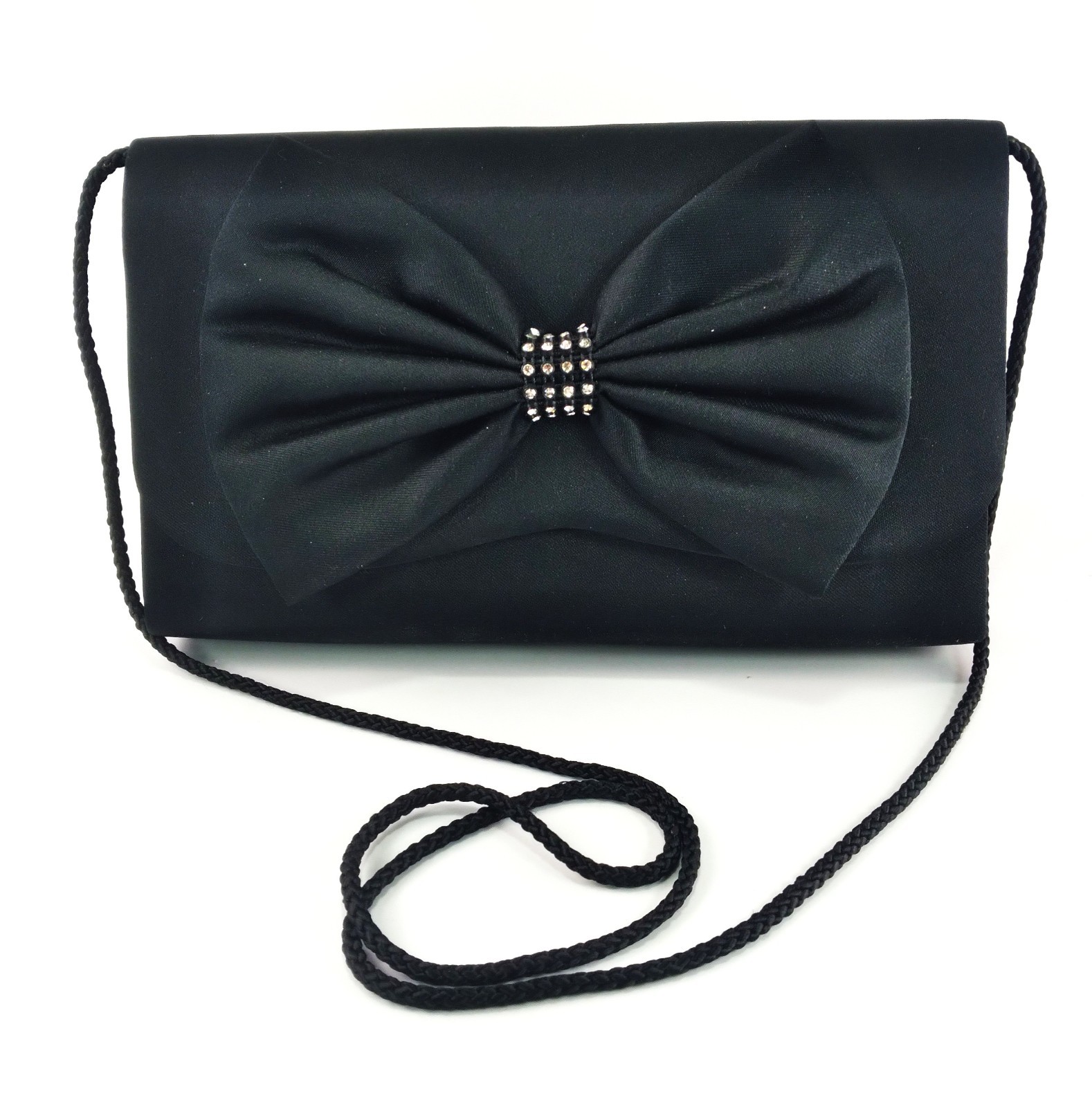 Womens Black Tie and Rhinestone Evening Bag Cord Strap Front Flap Snap Purse